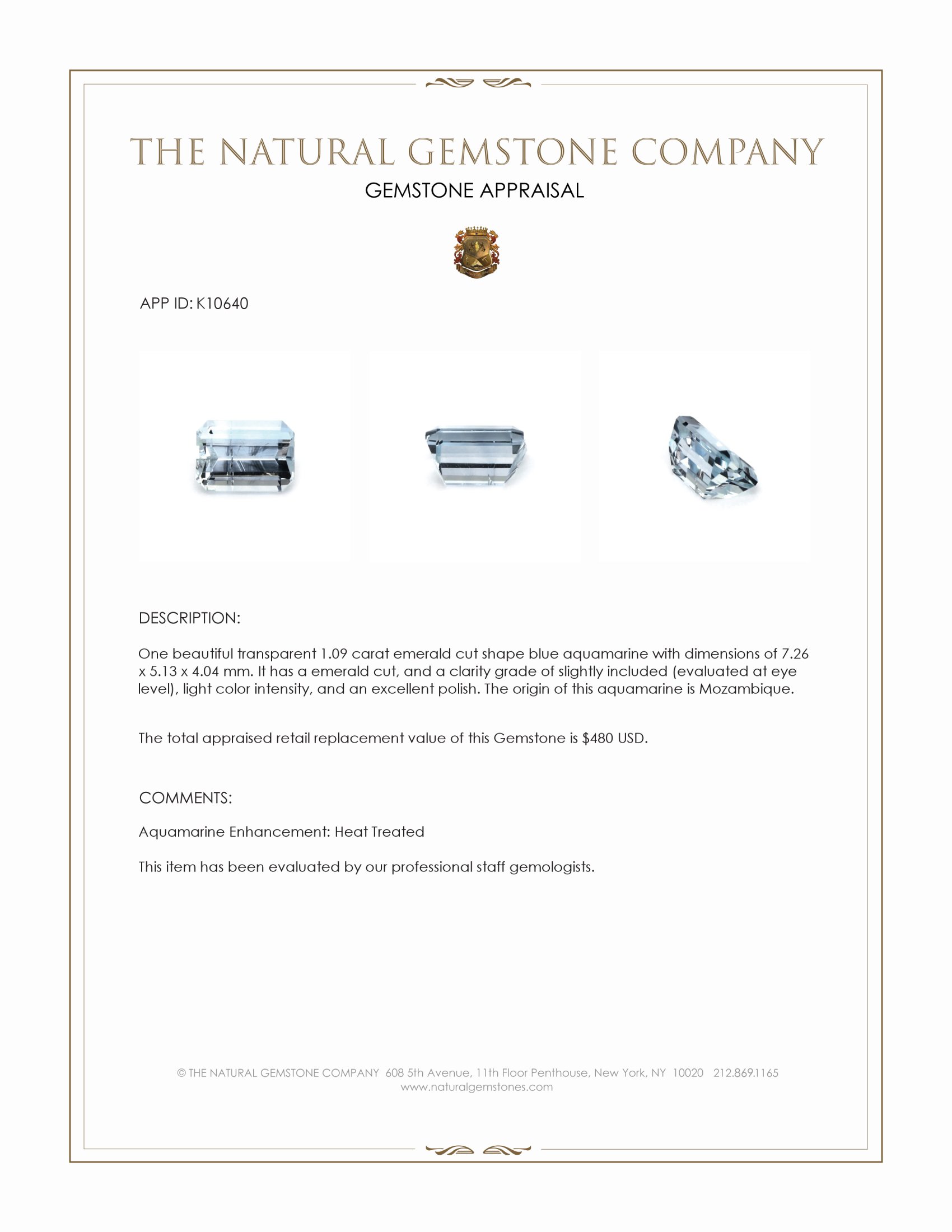 1.09 Ct. Aquamarine from Mozambique