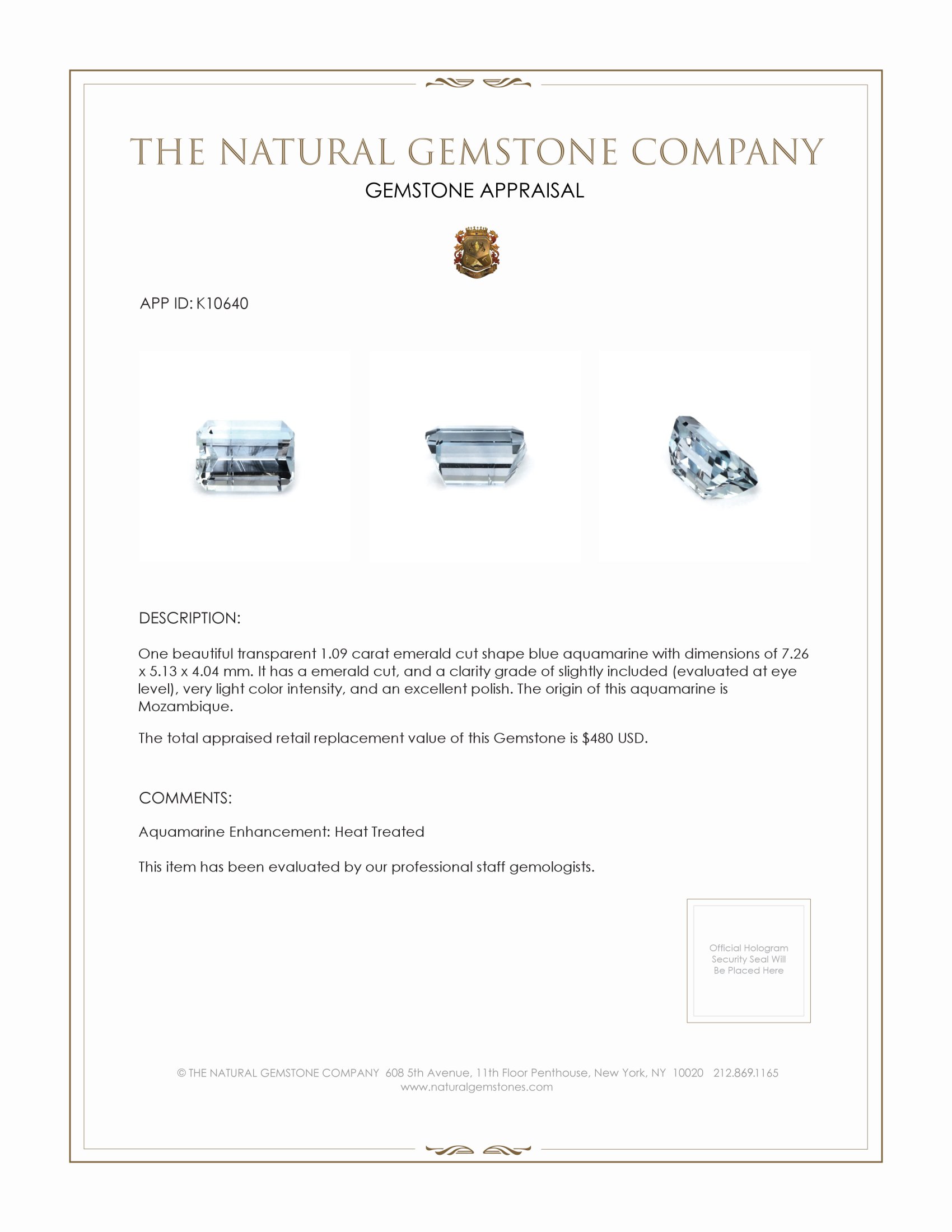 1.09 Ct. Aquamarine from Mozambique