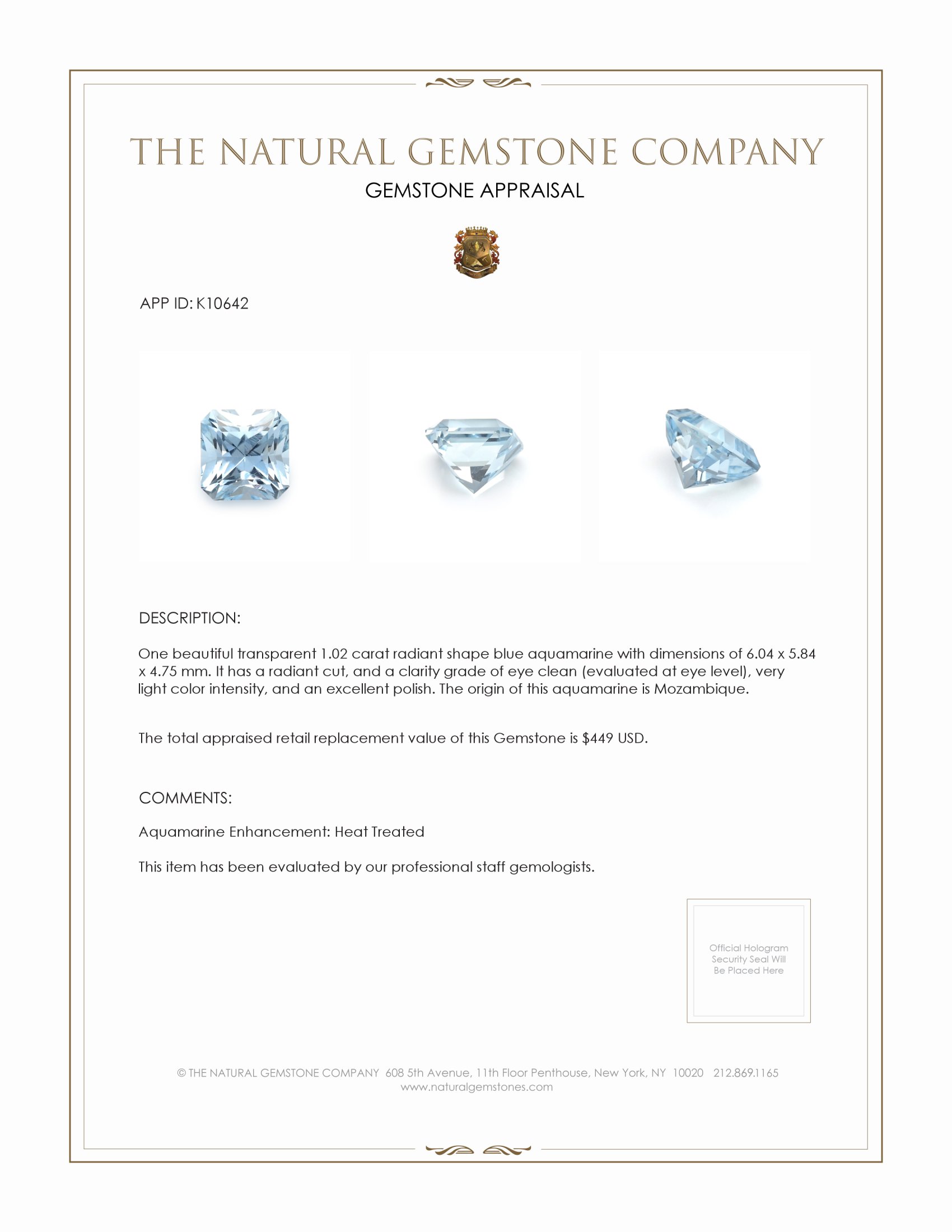 1.02 Ct. Aquamarine from Mozambique
