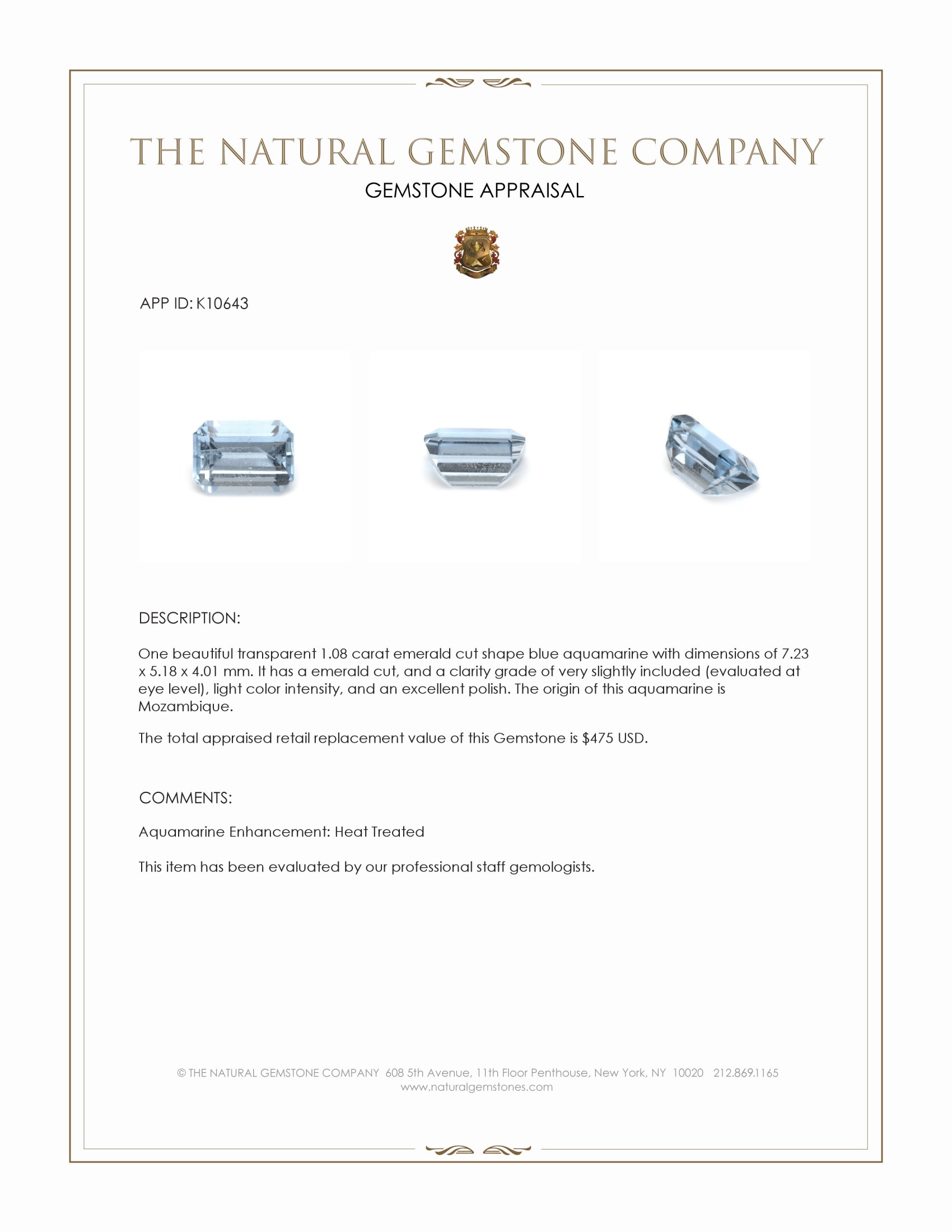 1.08 Ct. Blue Aquamarine from Mozambique