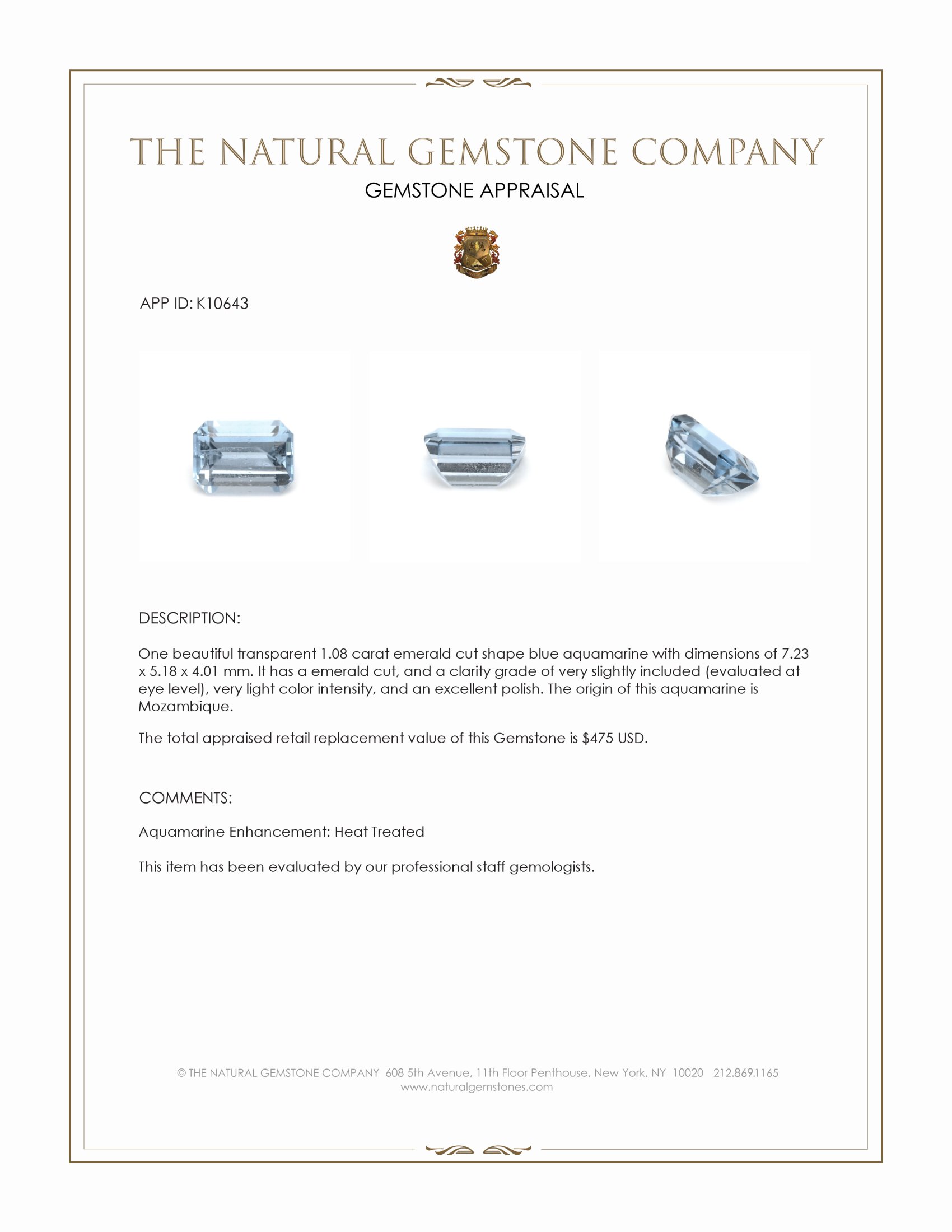 1.08 Ct. Aquamarine from Mozambique