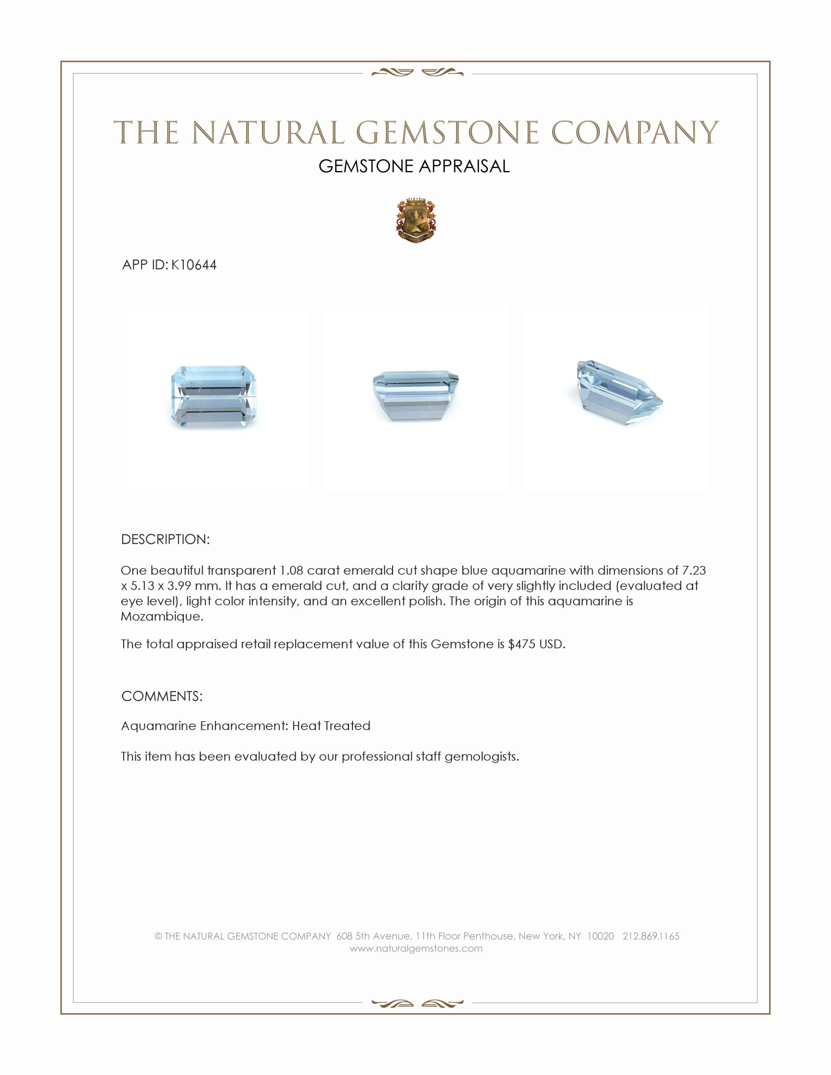 1.08 Ct. Aquamarine from Mozambique