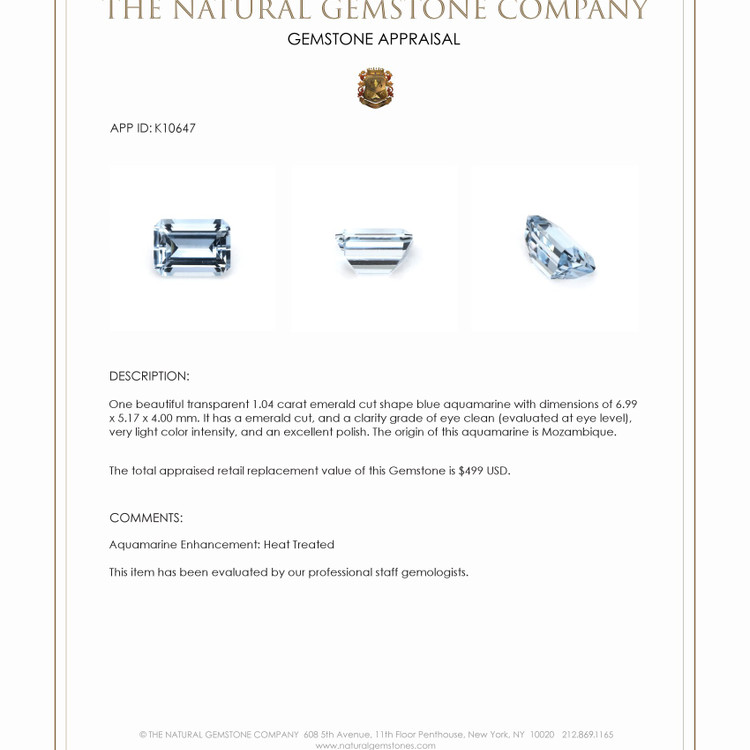 1.04 Ct. Aquamarine from Mozambique