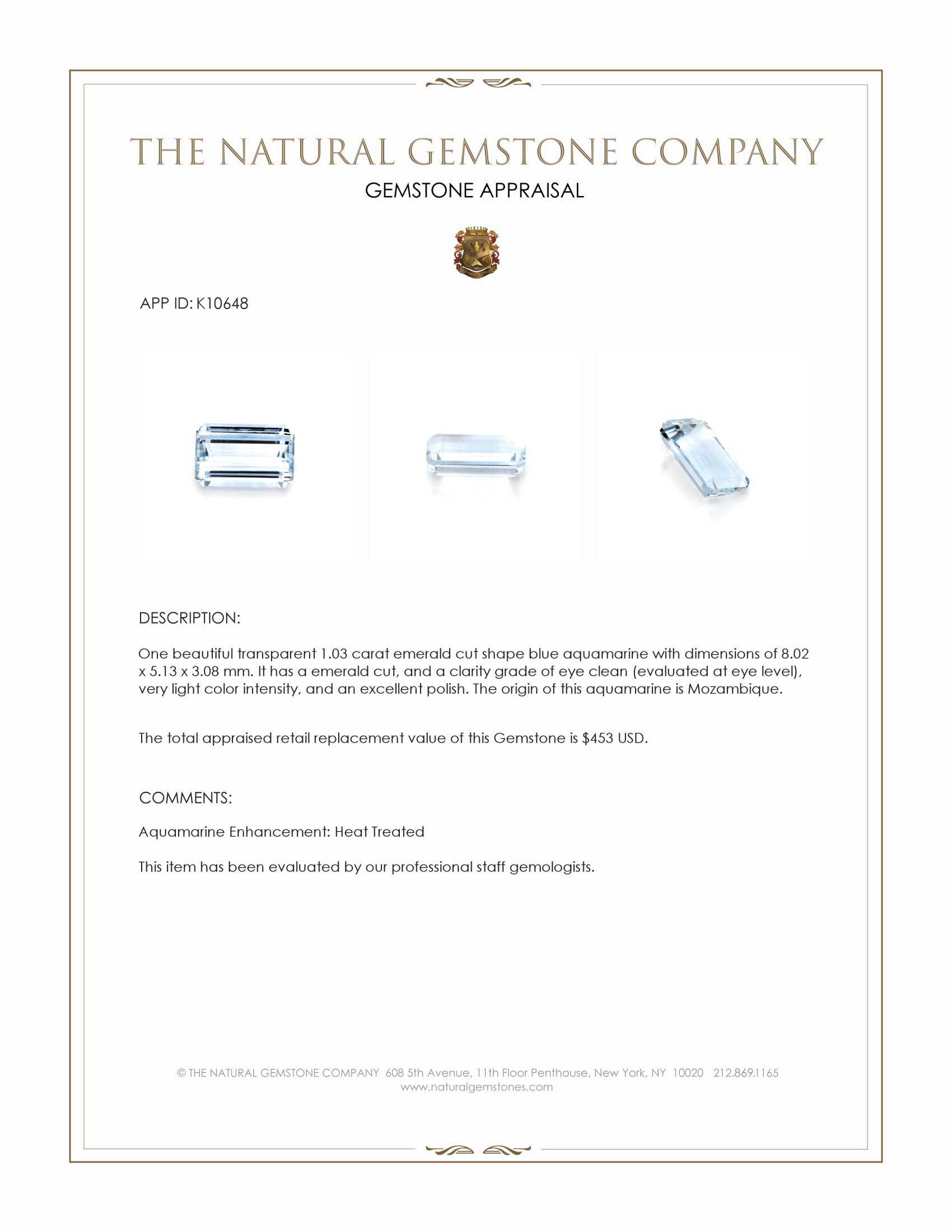 1.03 Ct. Aquamarine from Mozambique