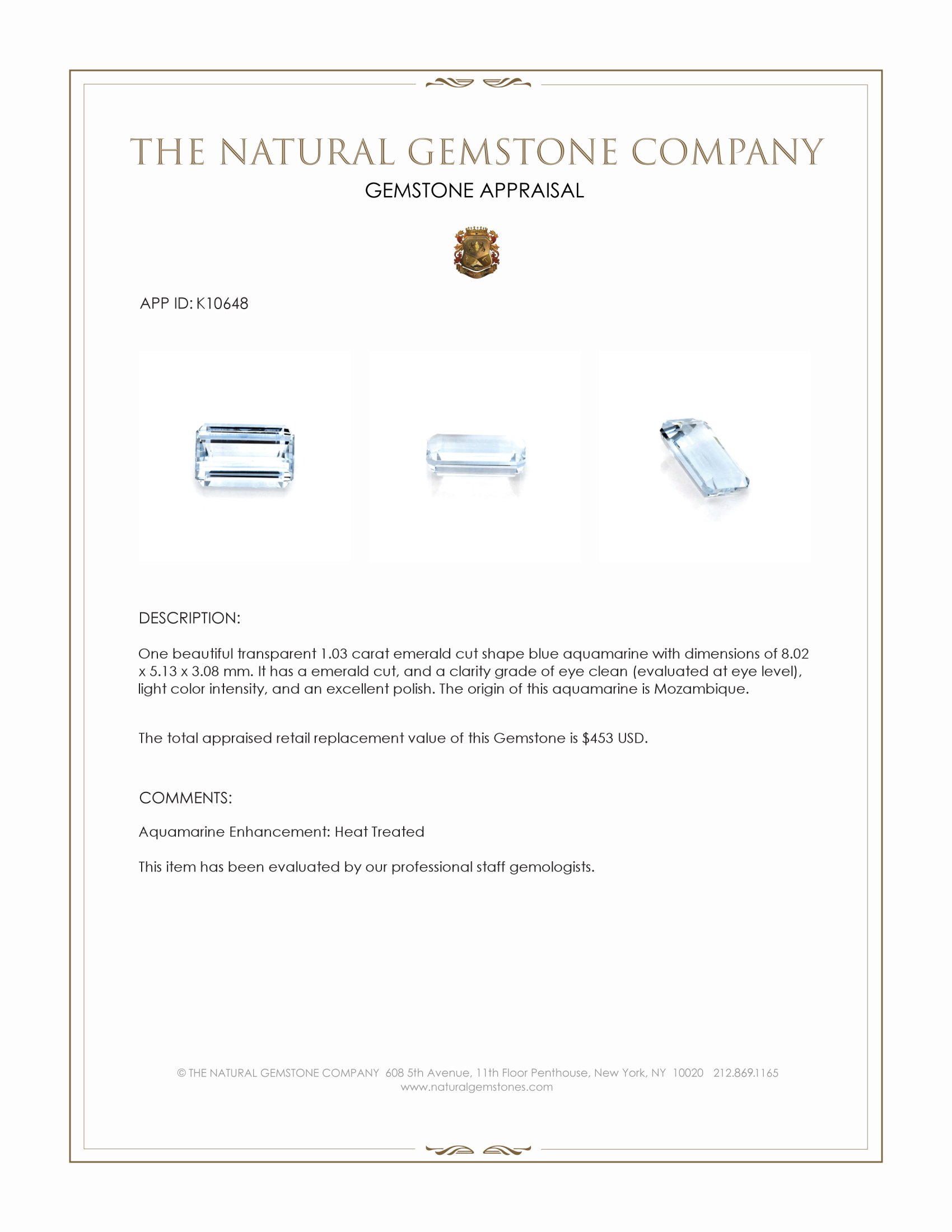 1.03 Ct. Aquamarine from Mozambique