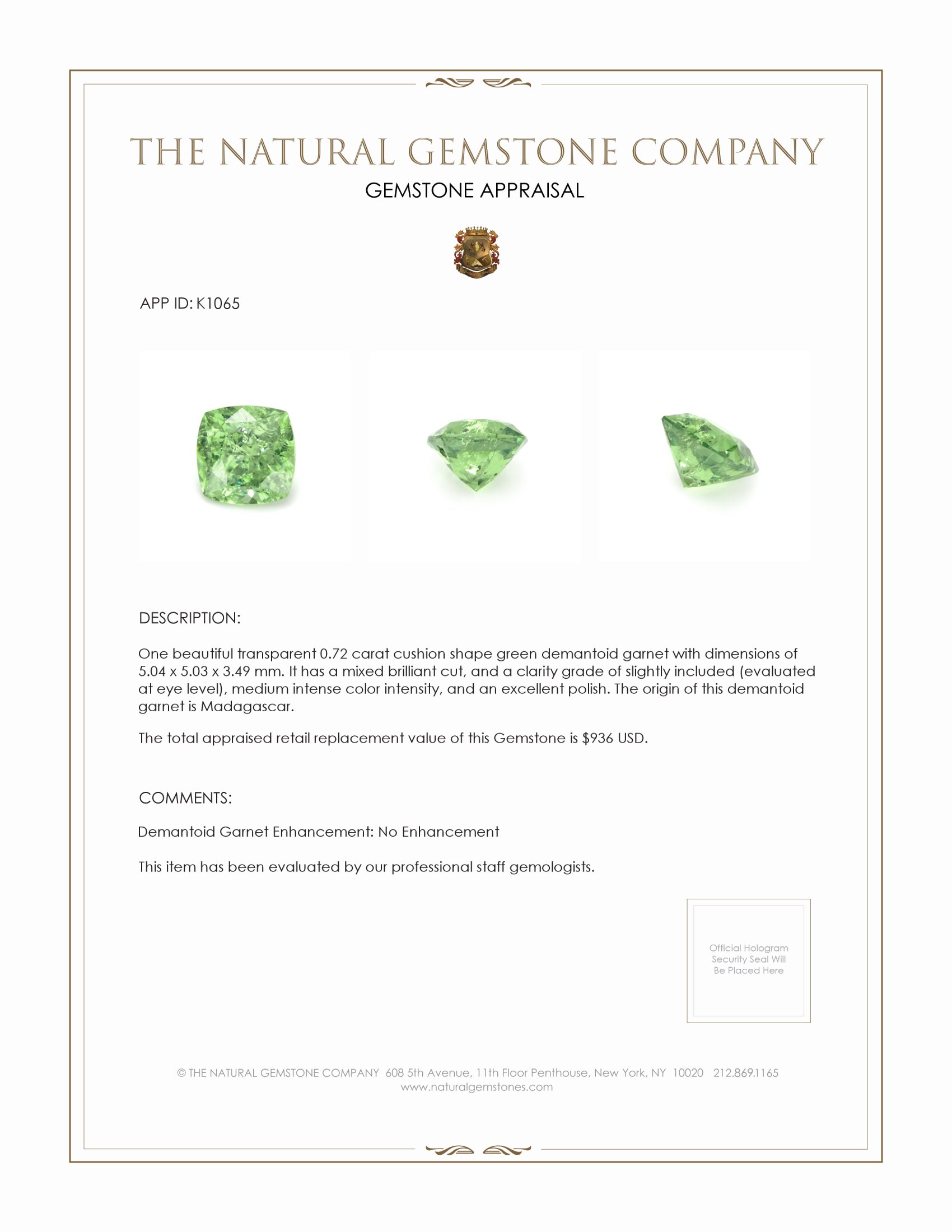 0.72 Ct. Demantoid Garnet from Madagascar