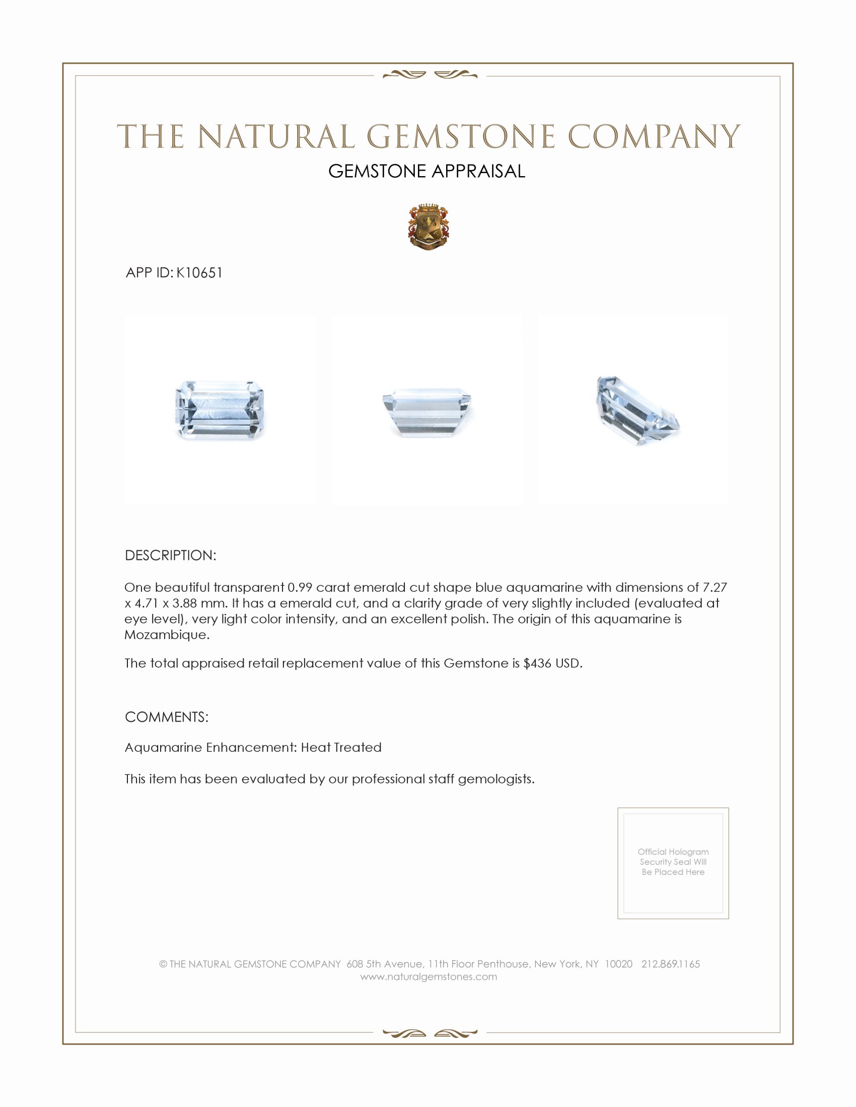 0.99 Ct. Aquamarine from Mozambique