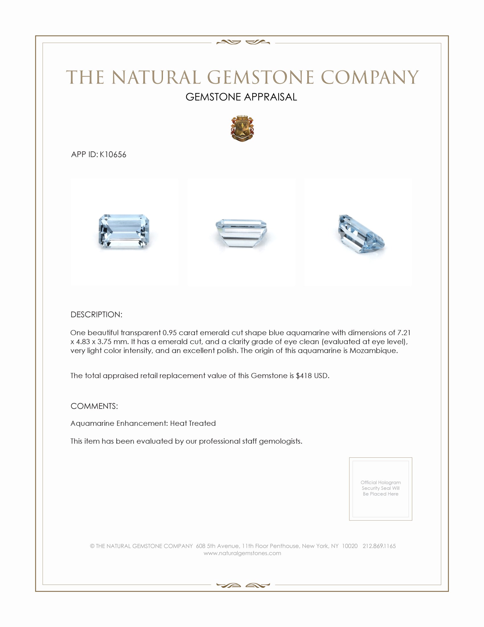 0.95 Ct. Blue Aquamarine from Mozambique