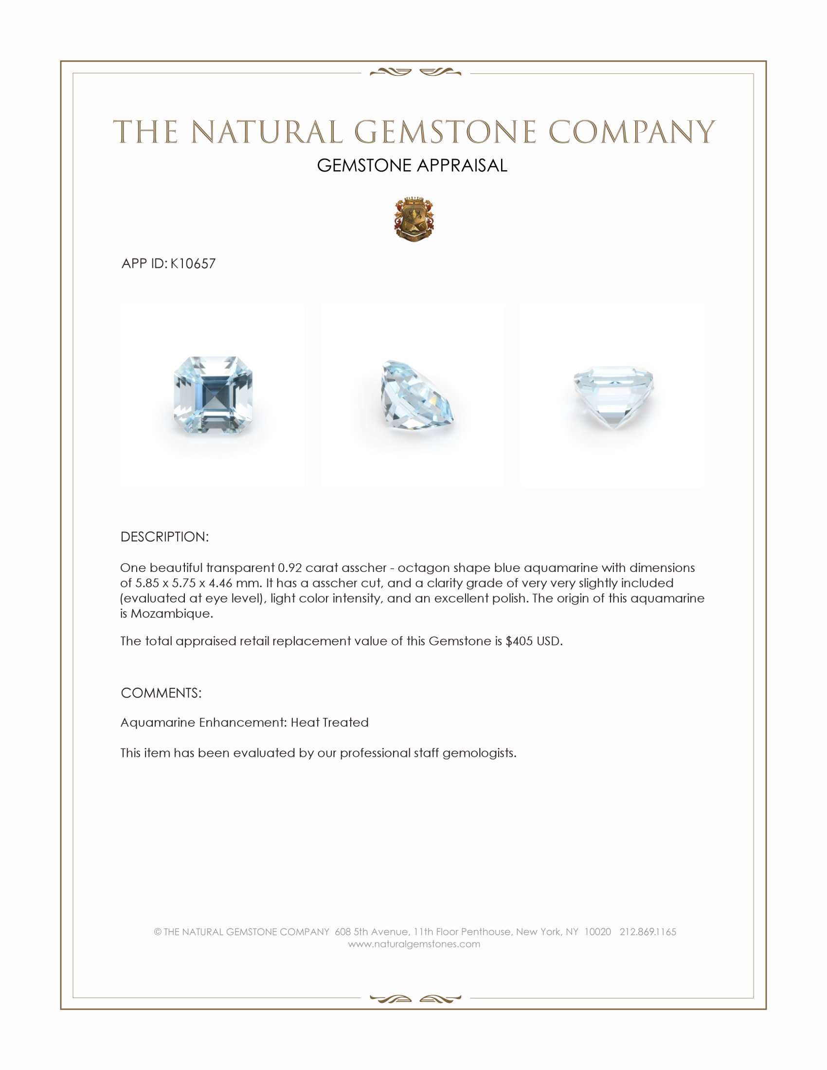 0.92 Ct. Blue Aquamarine from Mozambique