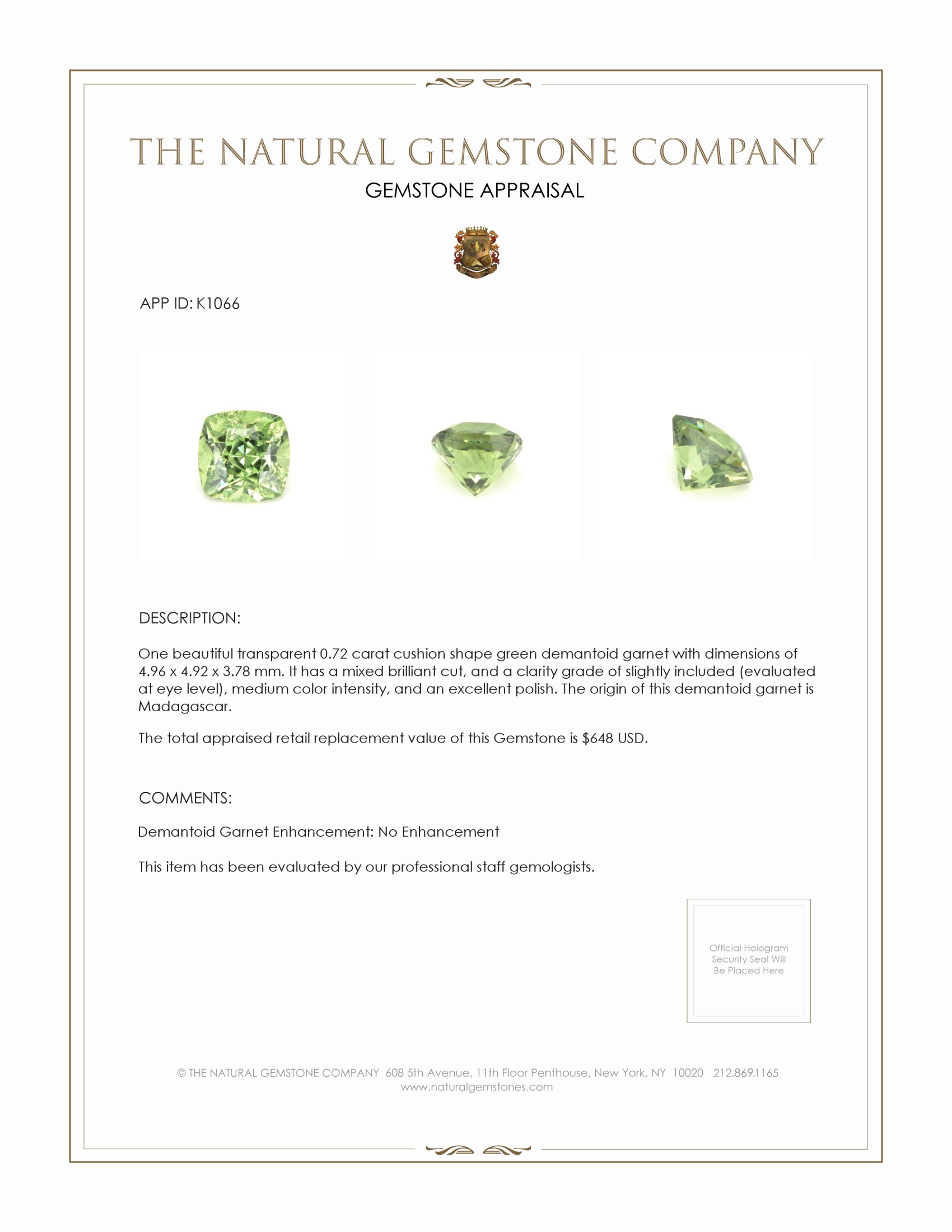 0.72 Ct. Demantoid Garnet from Madagascar