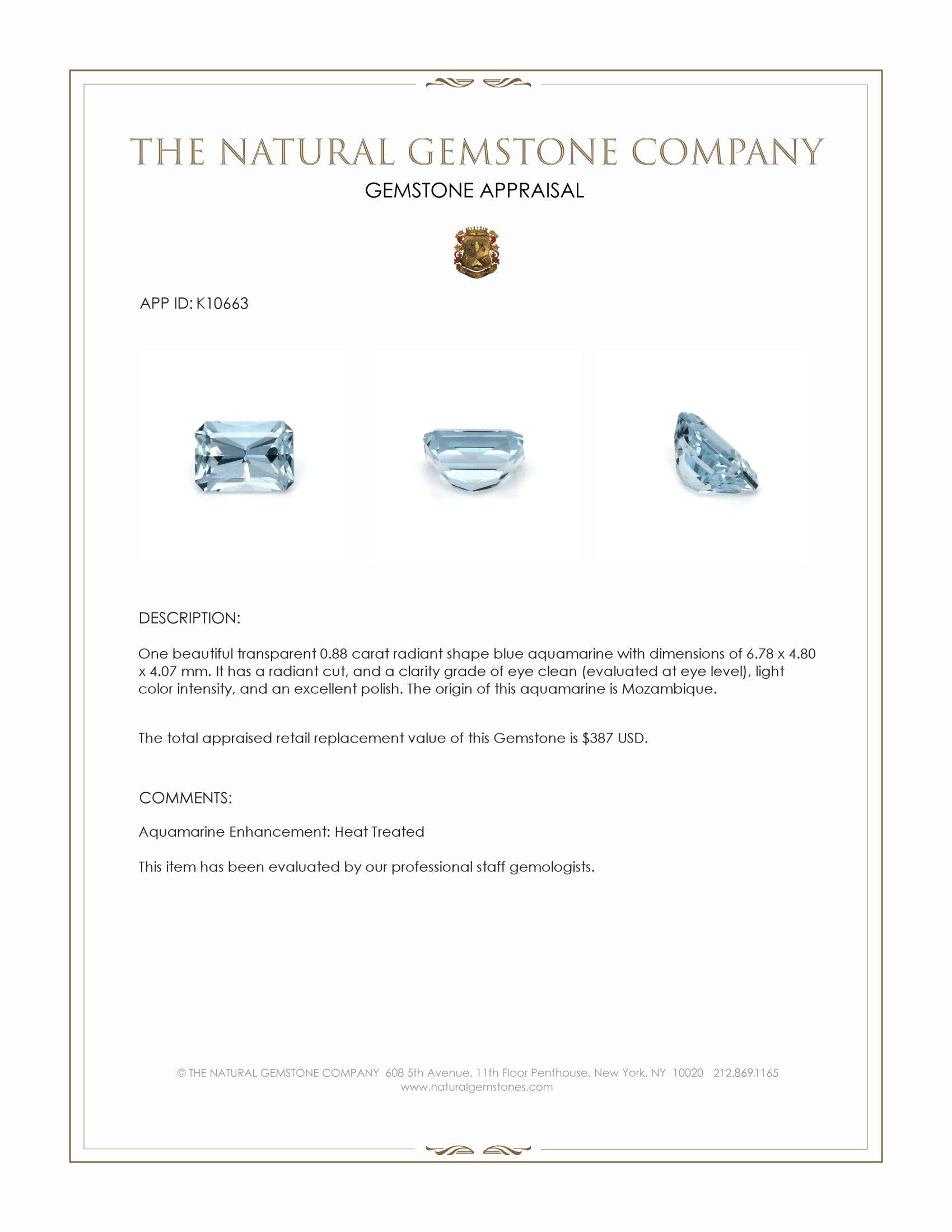 0.88 Ct. Blue Aquamarine from Mozambique