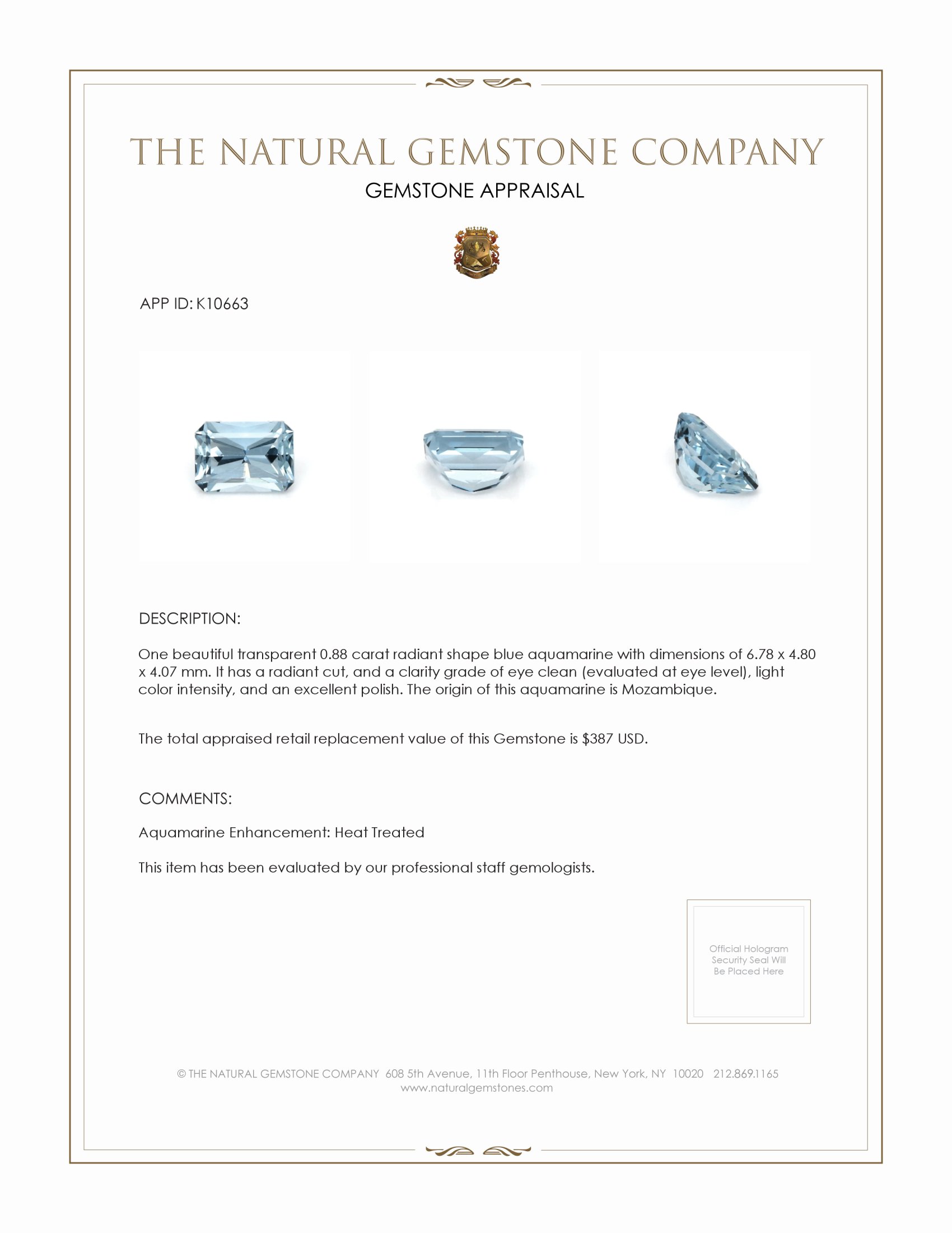 0.88 Ct. Aquamarine from Mozambique