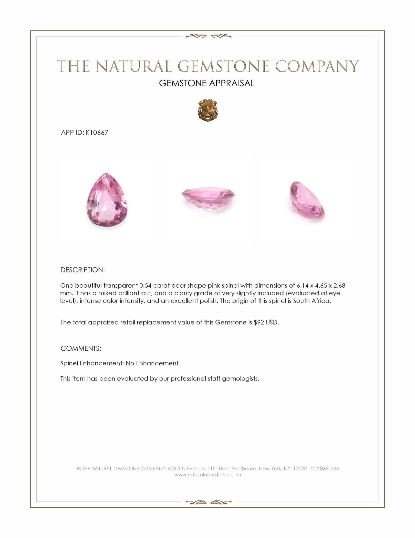 0.54 Ct. Spinel from South Africa