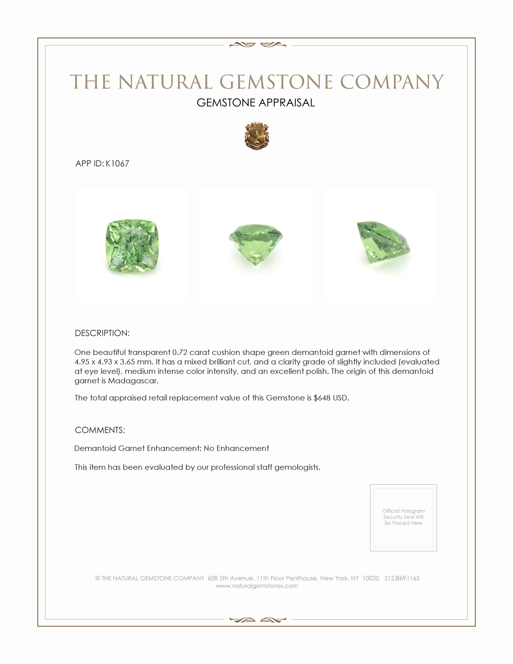 0.72 Ct. Demantoid Garnet from Madagascar