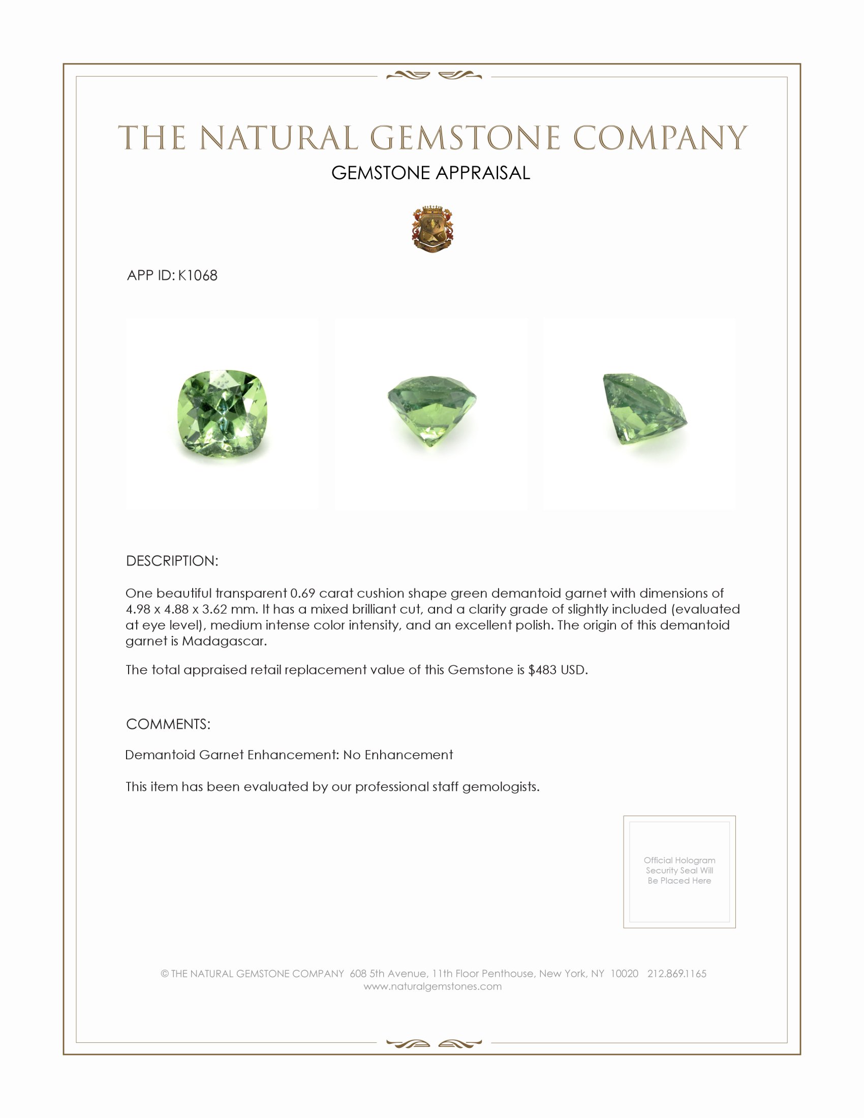 0.69 Ct. Demantoid Garnet from Madagascar