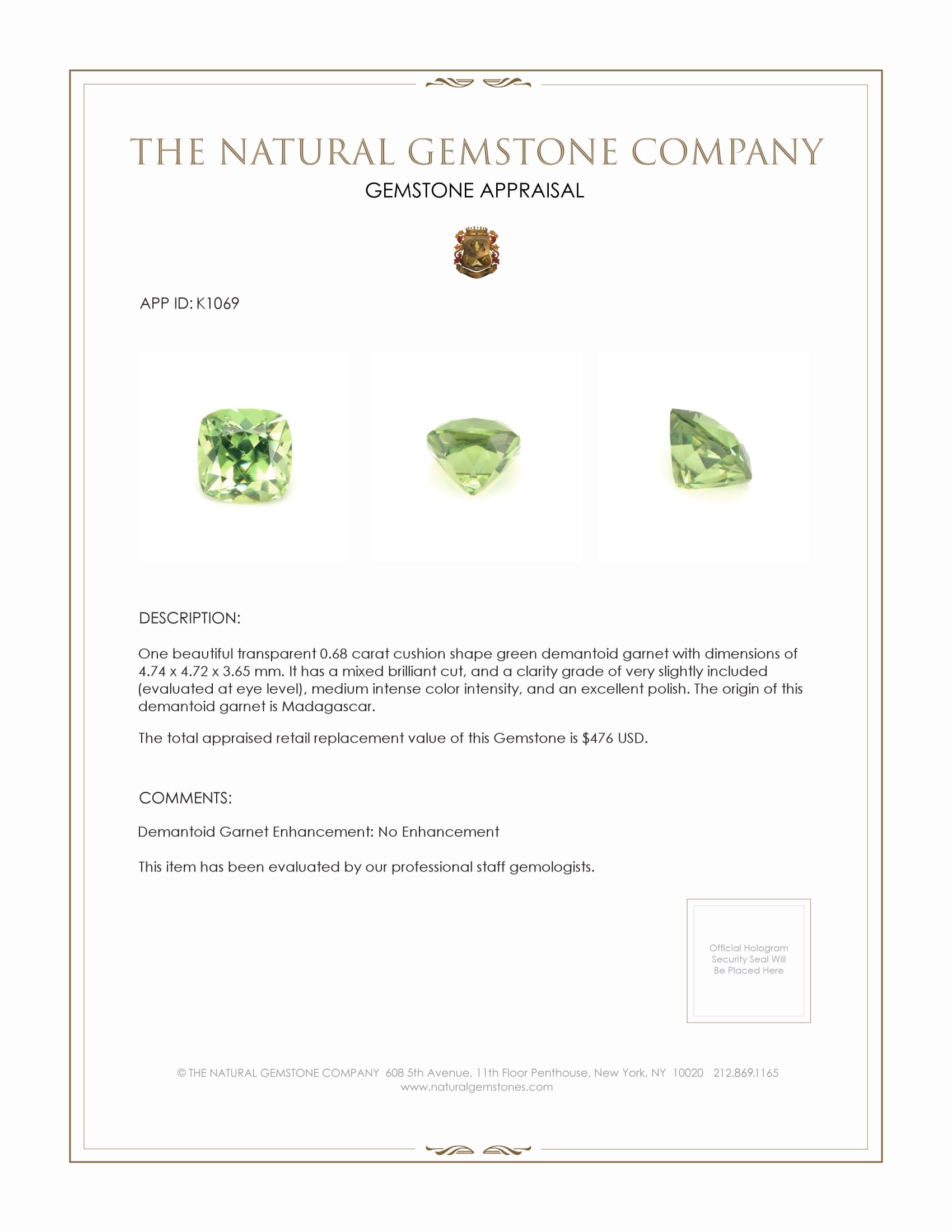 0.68 Ct. Demantoid Garnet from Madagascar