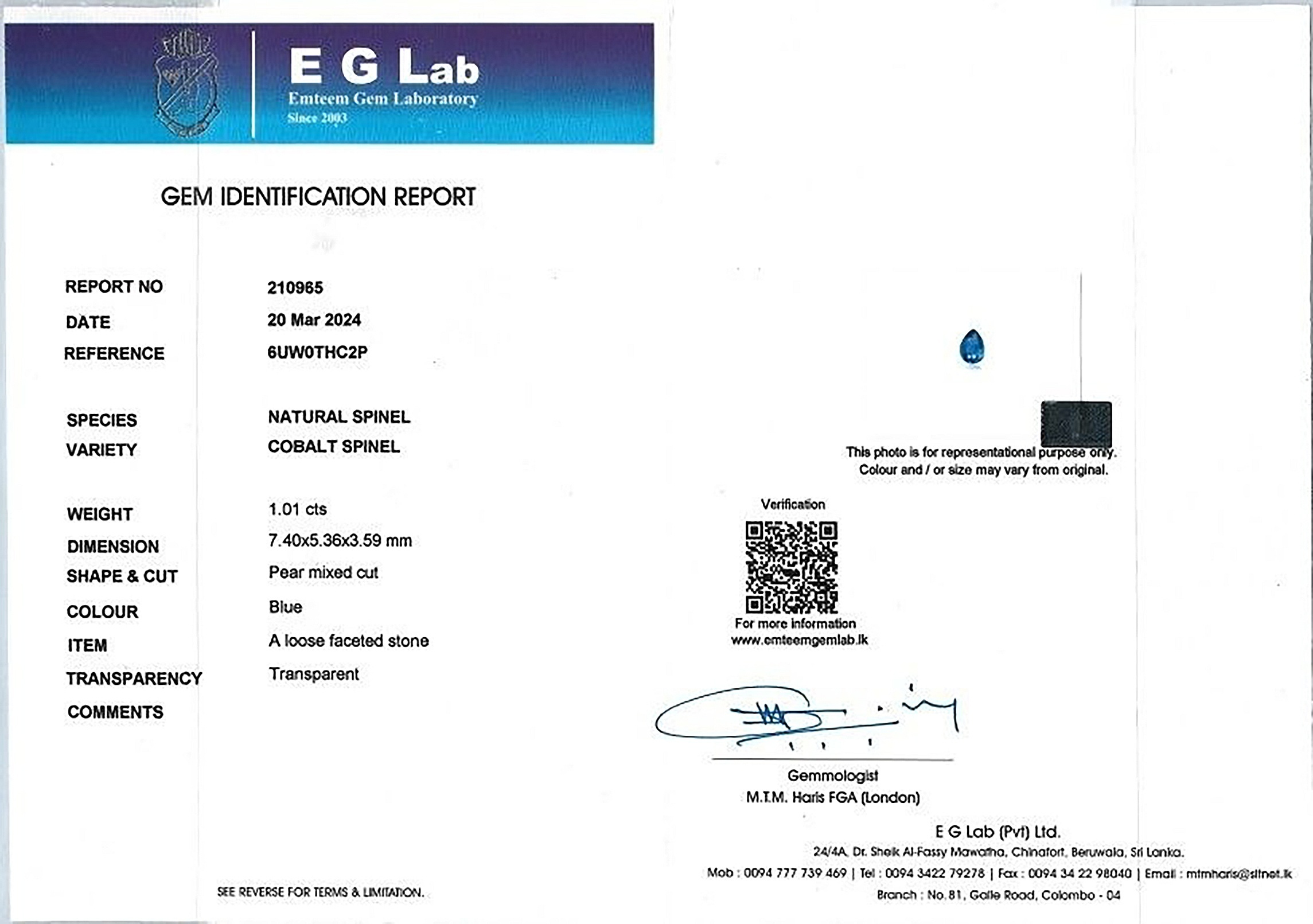 1.01 Ct. Cobalt Spinel from Tanzania