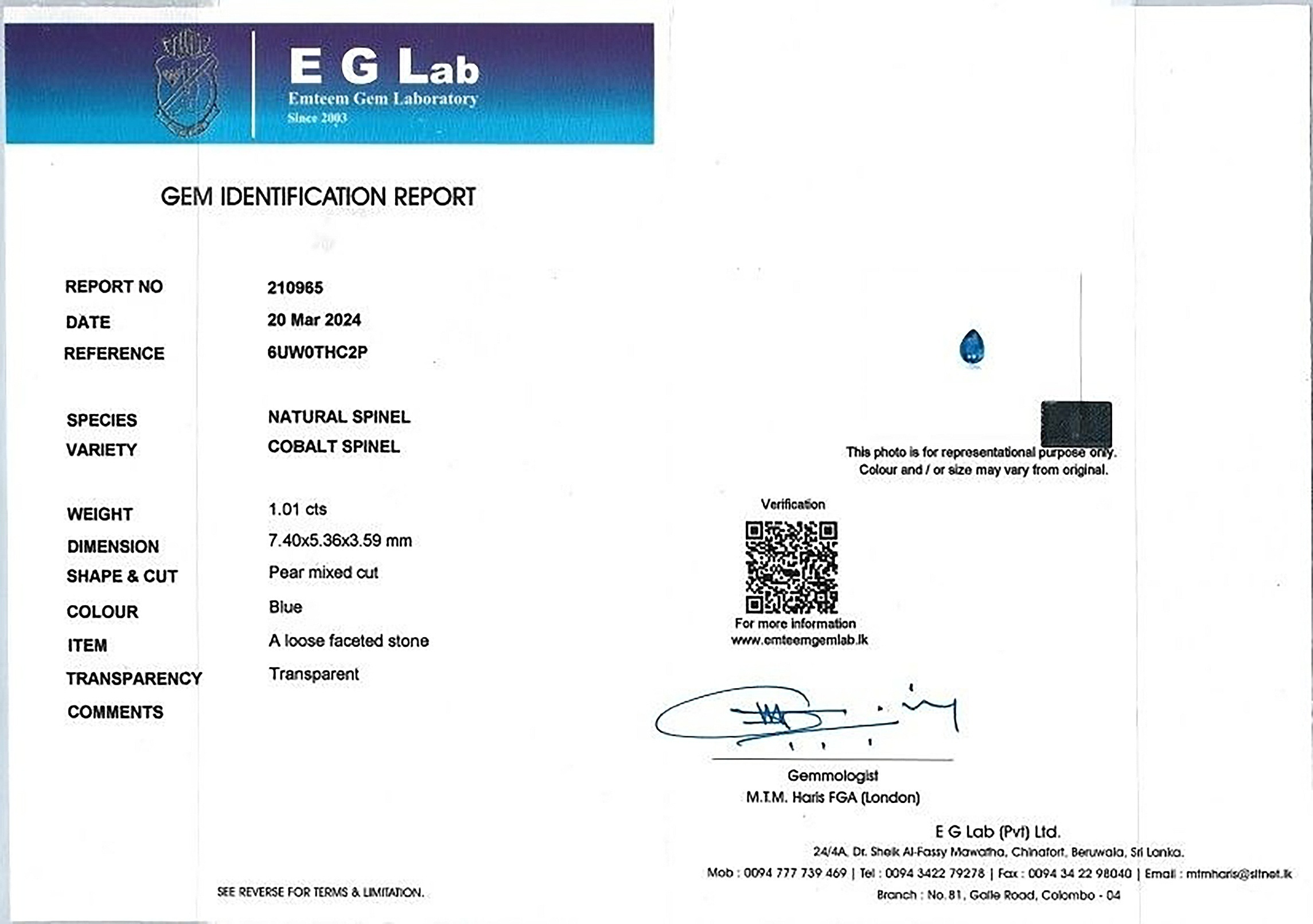 1.01 Ct. Blue Cobalt Spinel from Tanzania