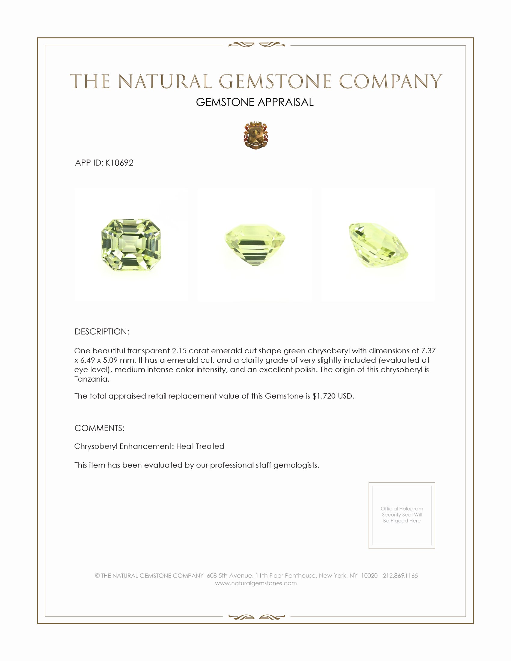 2.15 Ct. Chrysoberyl from Tanzania