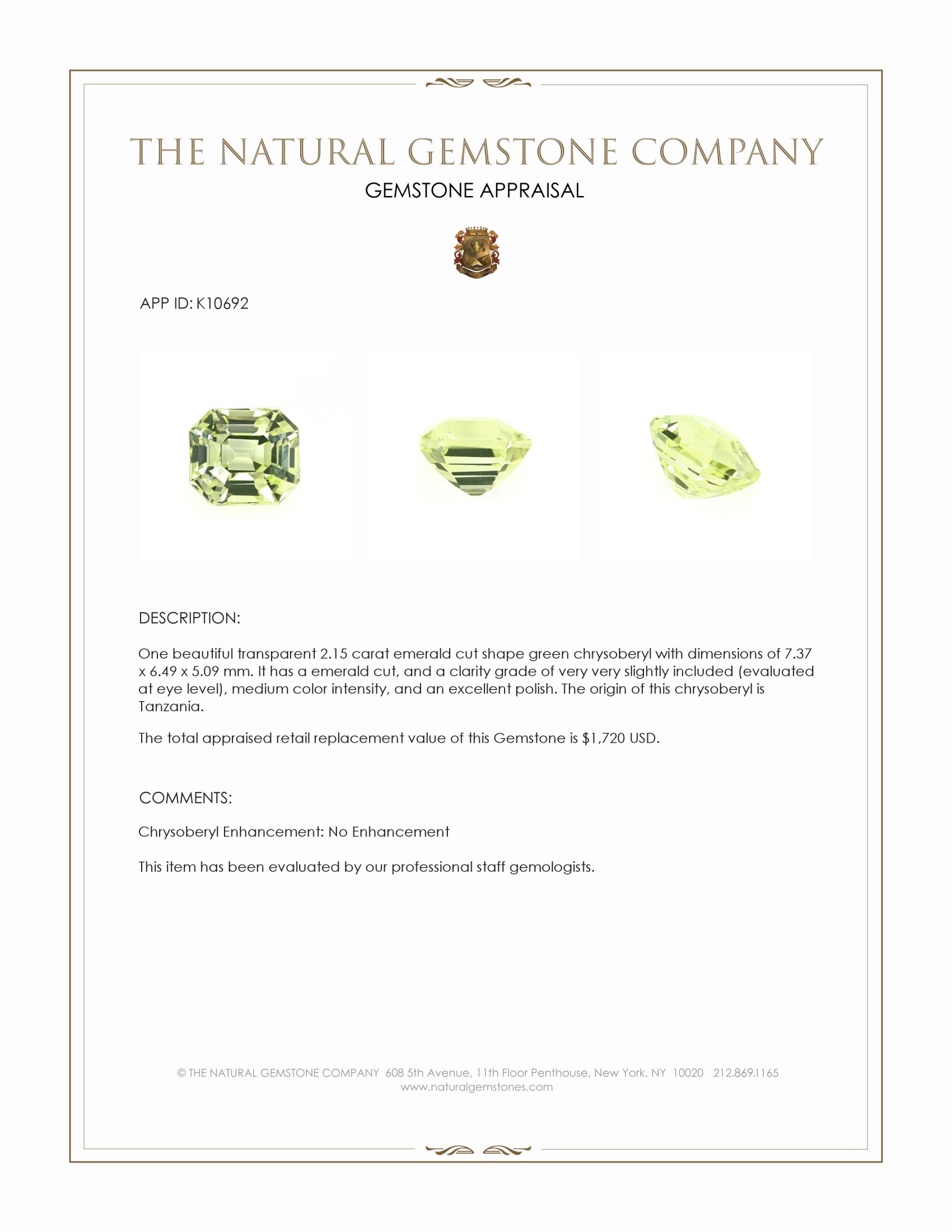 2.15 Ct. Chrysoberyl from Tanzania