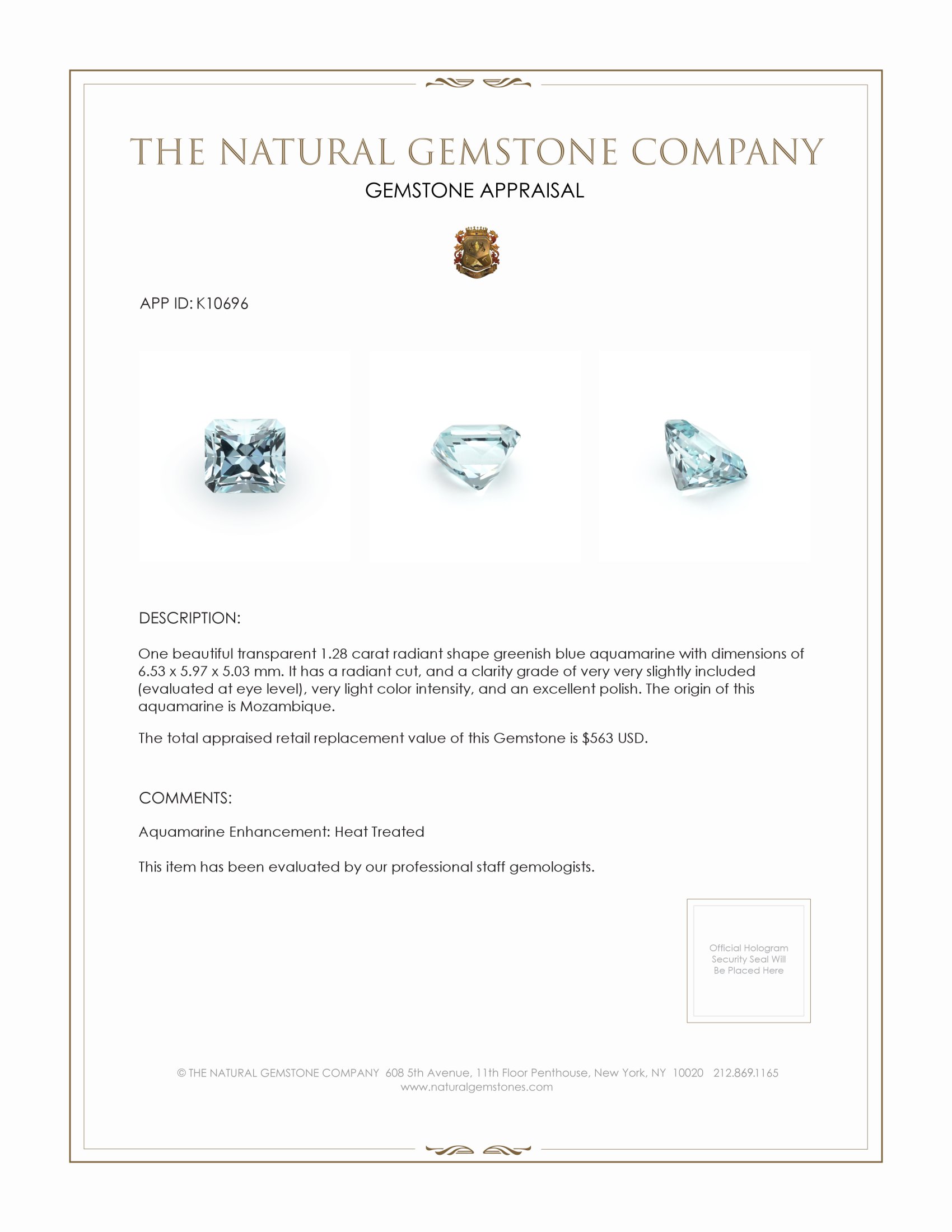 1.28 Ct. Aquamarine from Mozambique