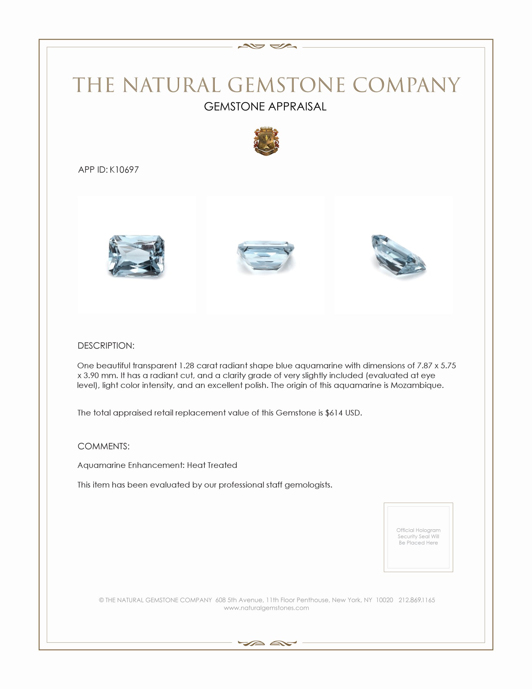 1.28 Ct. Aquamarine from Mozambique