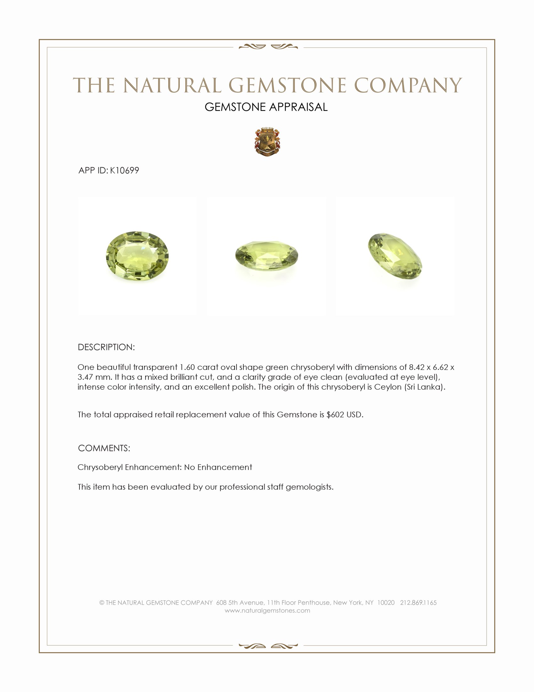 1.60 Ct. Green Chrysoberyl from Ceylon (Sri Lanka)