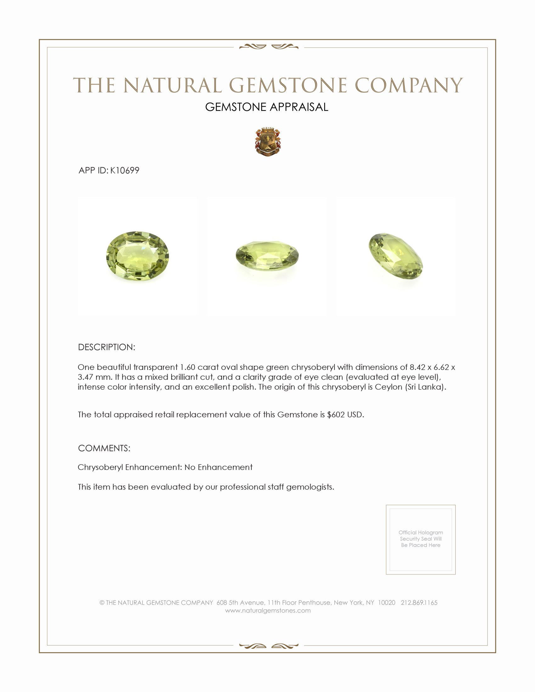 1.60 Ct. Chrysoberyl from Ceylon (Sri Lanka)