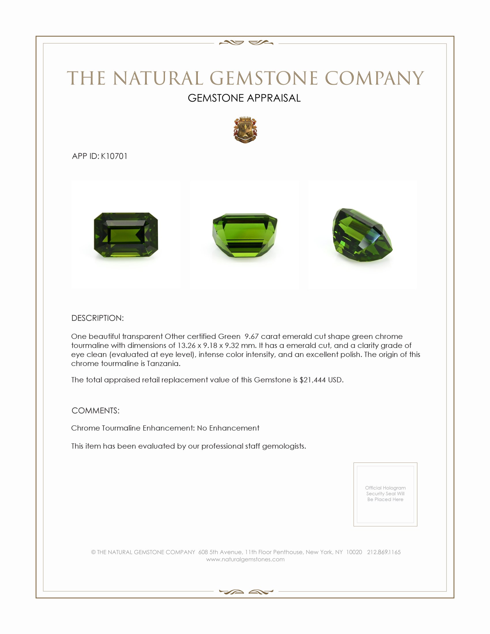 9.67 Ct. Green Chrome Tourmaline from Tanzania