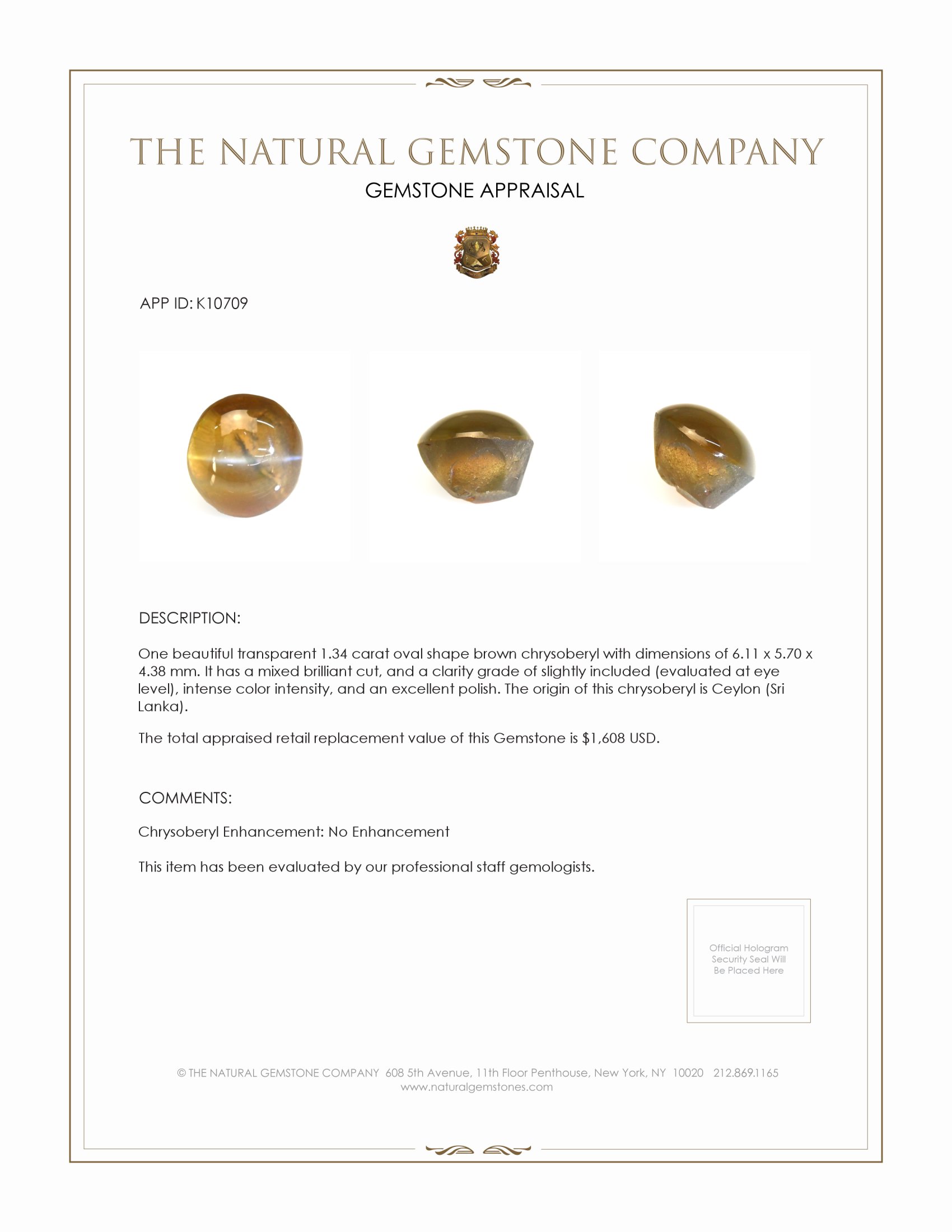 1.34 Ct. Chrysoberyl from Ceylon (Sri Lanka)