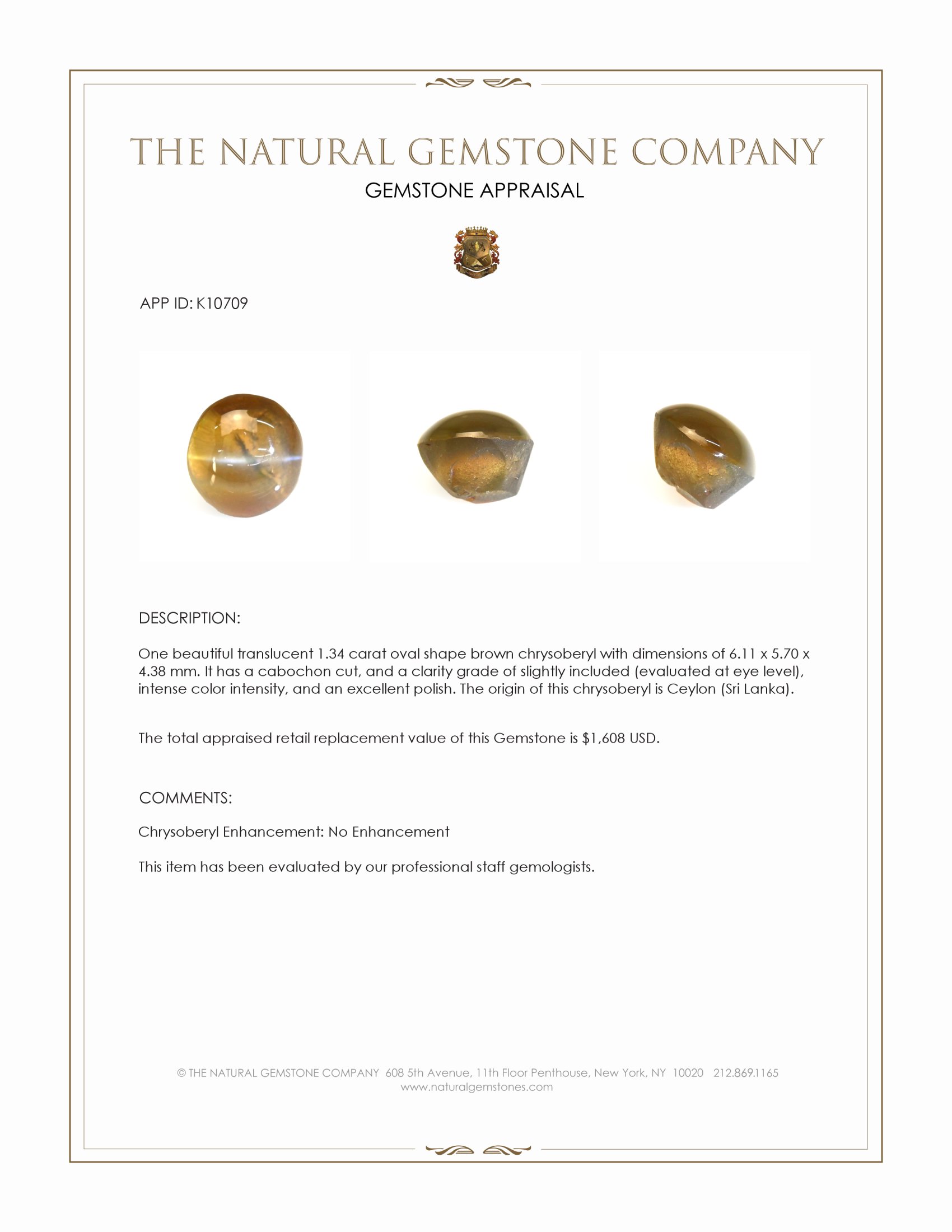 1.34 Ct. Brown Cabochon Chrysoberyl from Ceylon (Sri Lanka)