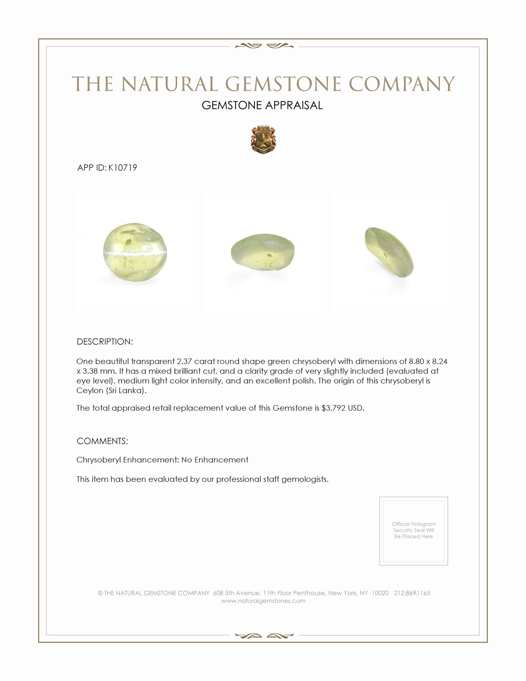 2.37 Ct. Chrysoberyl from Ceylon (Sri Lanka)