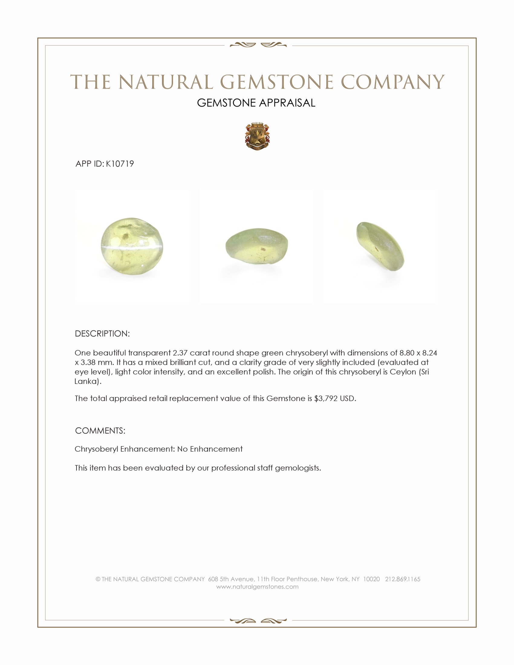 2.37 Ct. Chrysoberyl from Ceylon (Sri Lanka)
