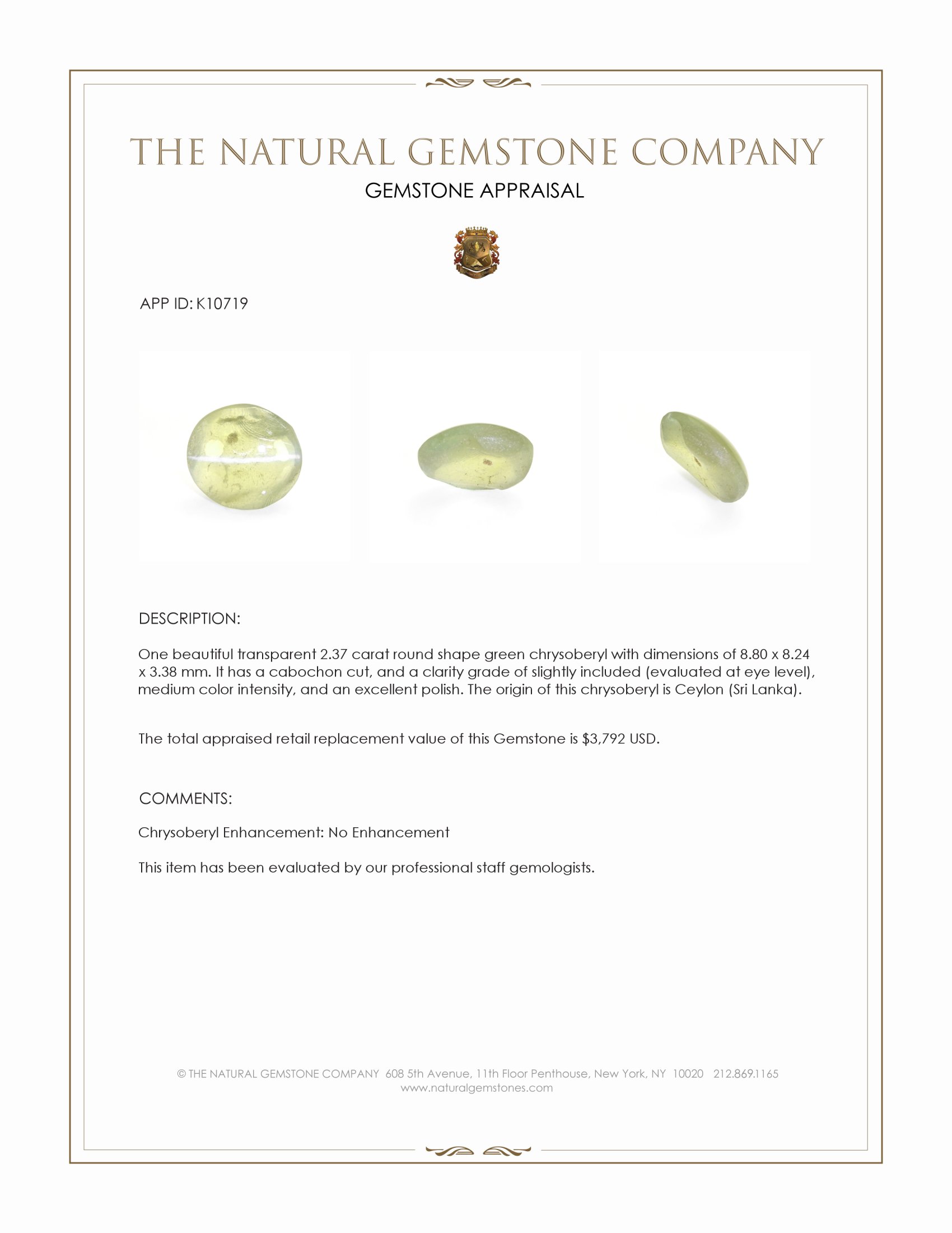 2.37 Ct. Green Cabochon Chrysoberyl from Ceylon (Sri Lanka)