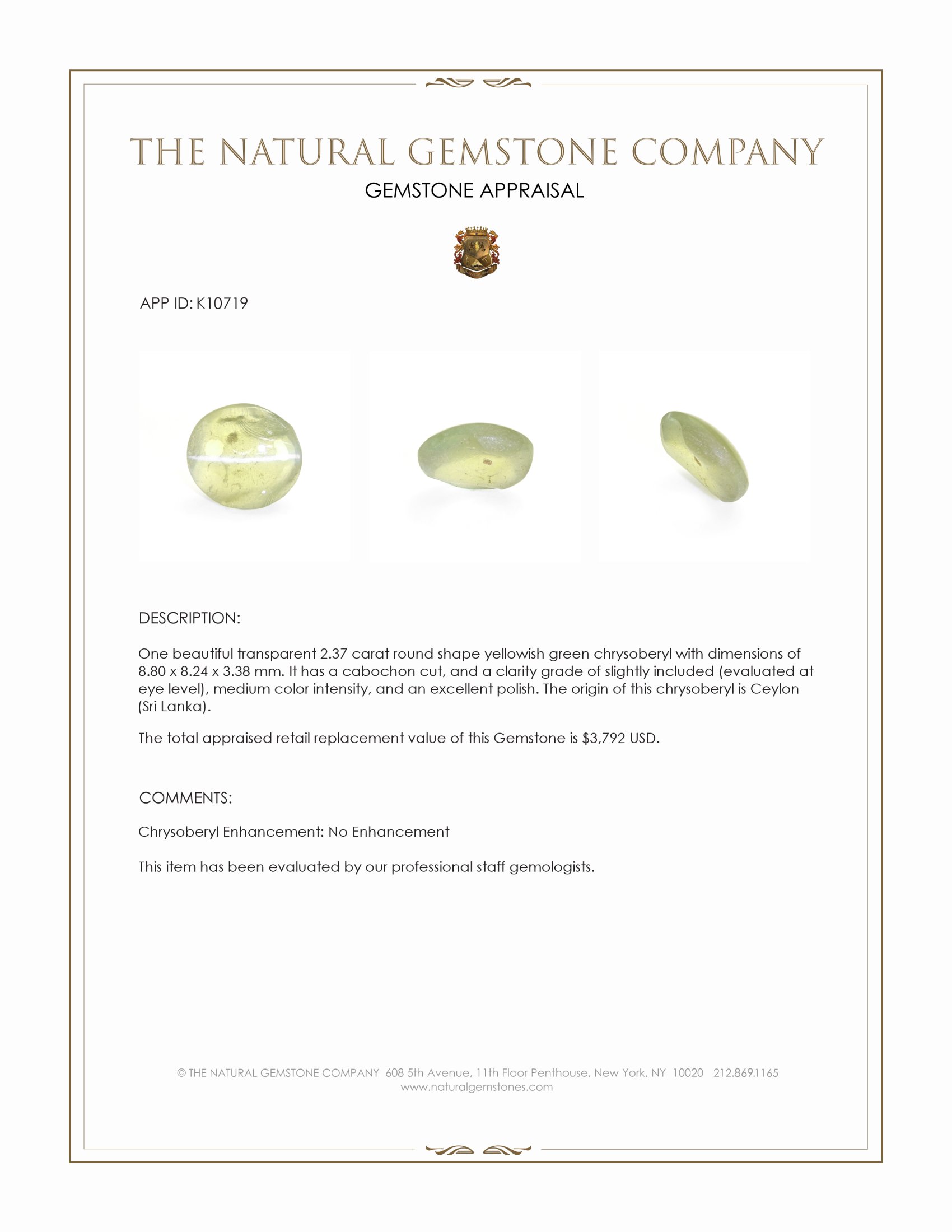 2.37 Ct. Yellowish Green Cabochon Chrysoberyl from Ceylon (Sri Lanka)
