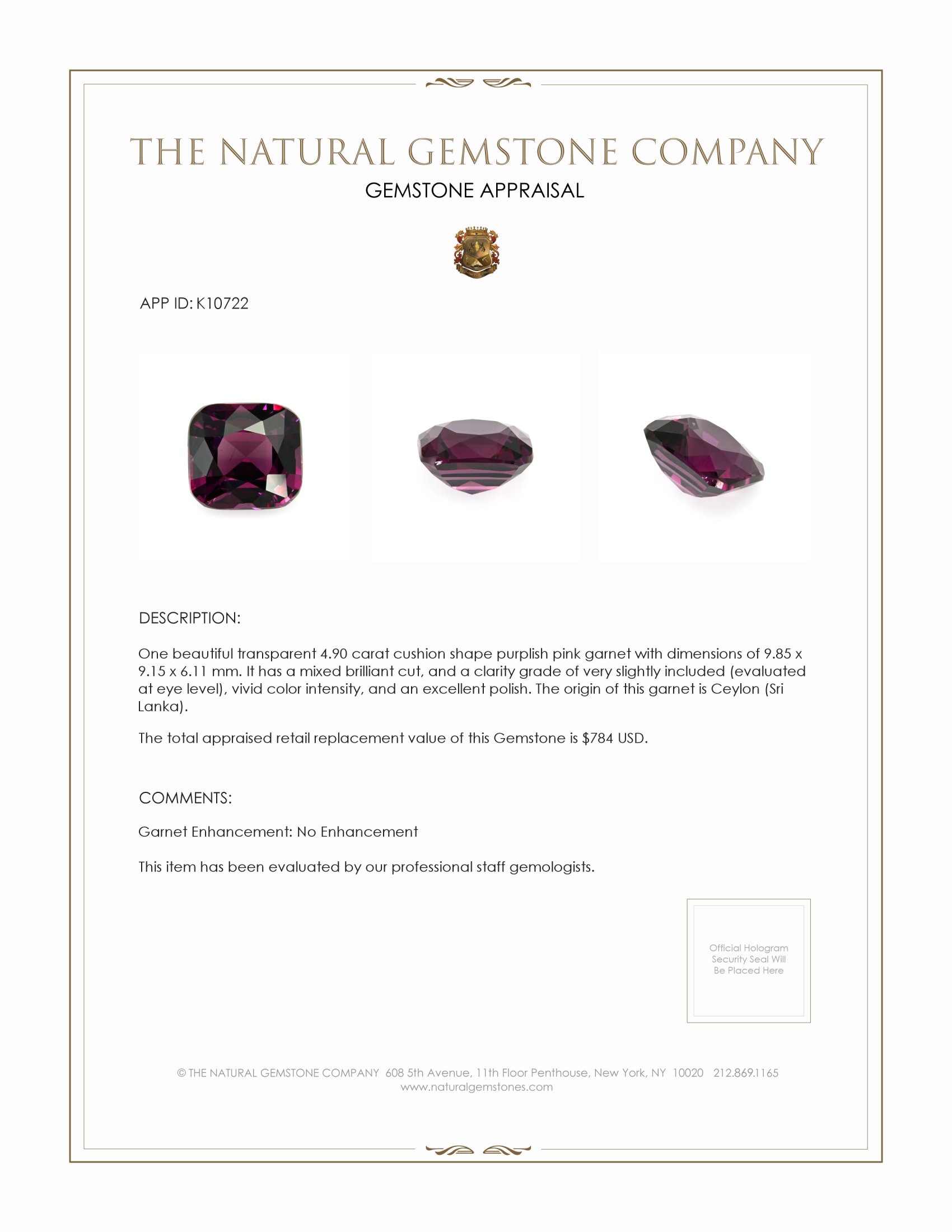 4.90 Ct. Garnet from Ceylon (Sri Lanka)