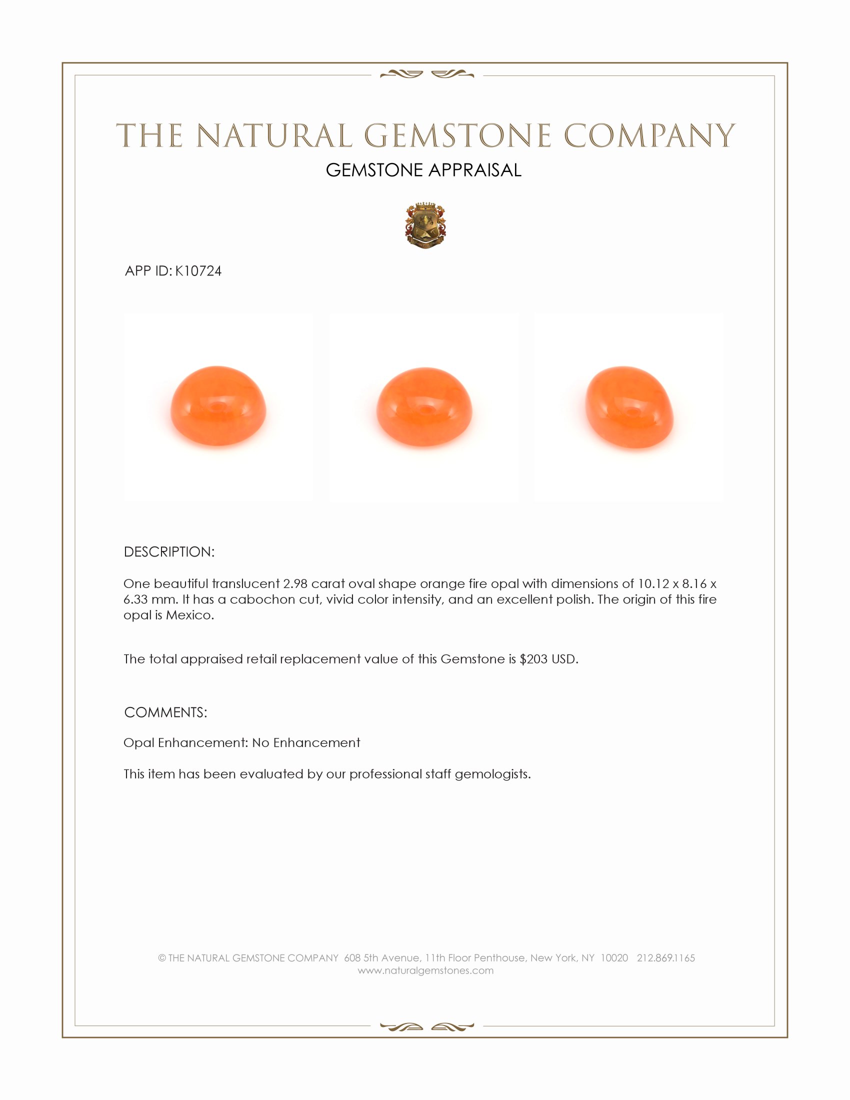 2.98 Ct. Orange Cabochon Fire Opal from Mexico