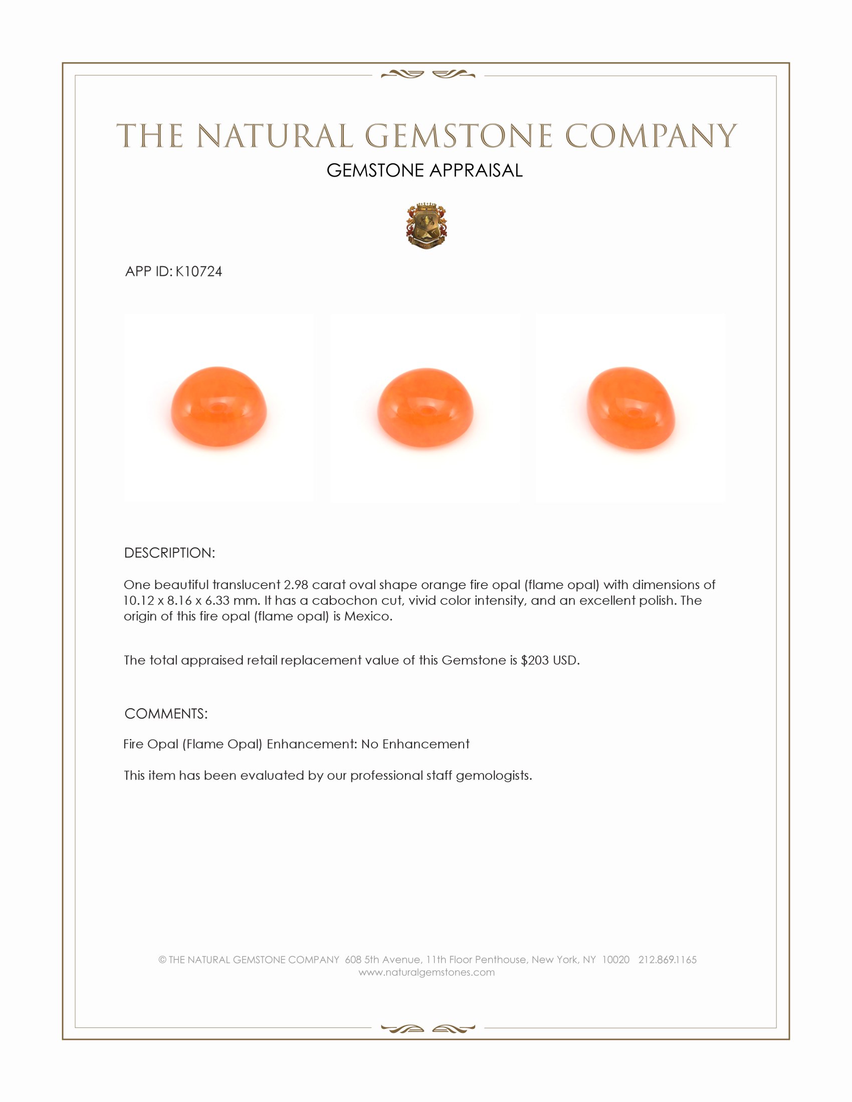 2.98 Ct. Orange Cabochon Fire Opal (Flame Opal) from Mexico
