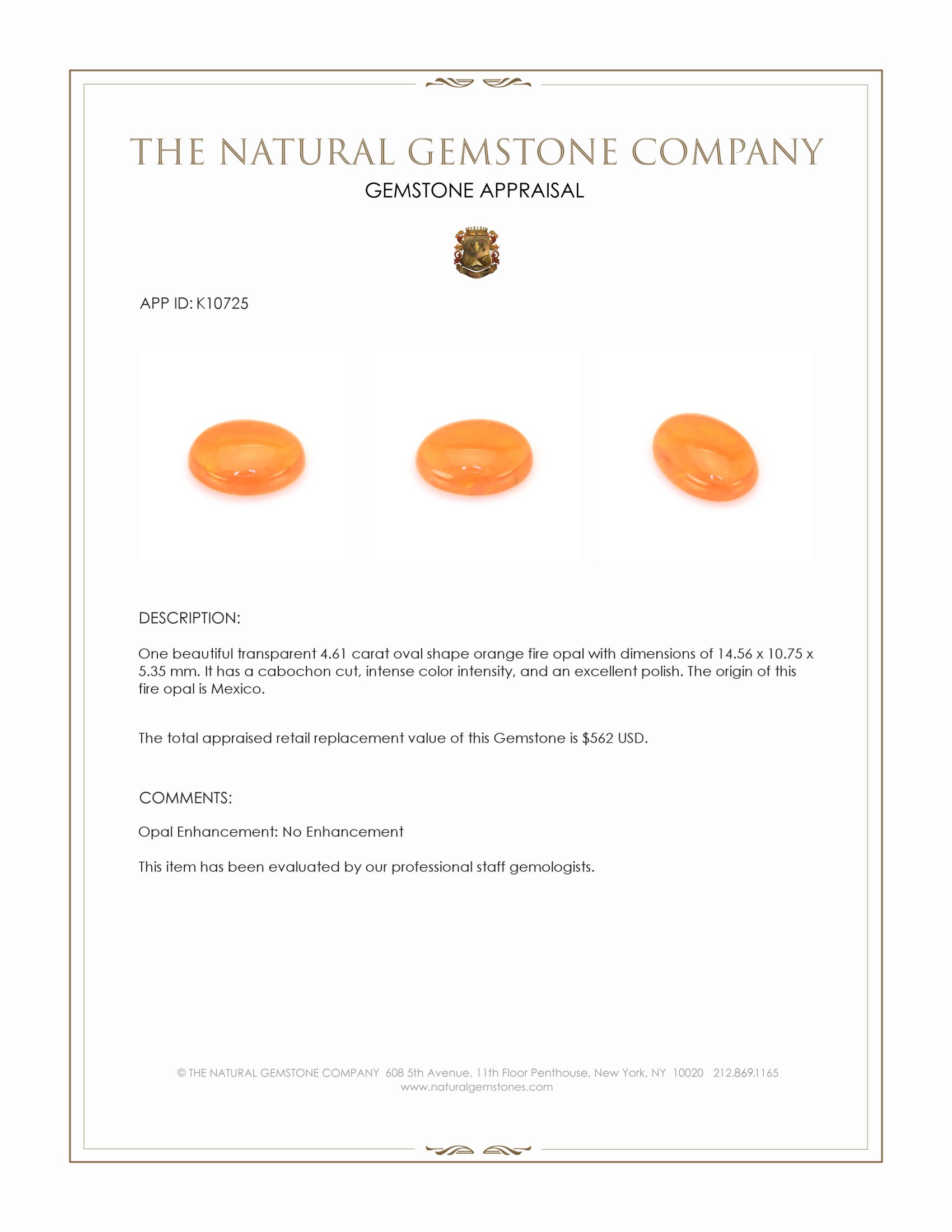 4.61 Ct. Orange Cabochon Fire Opal from Mexico