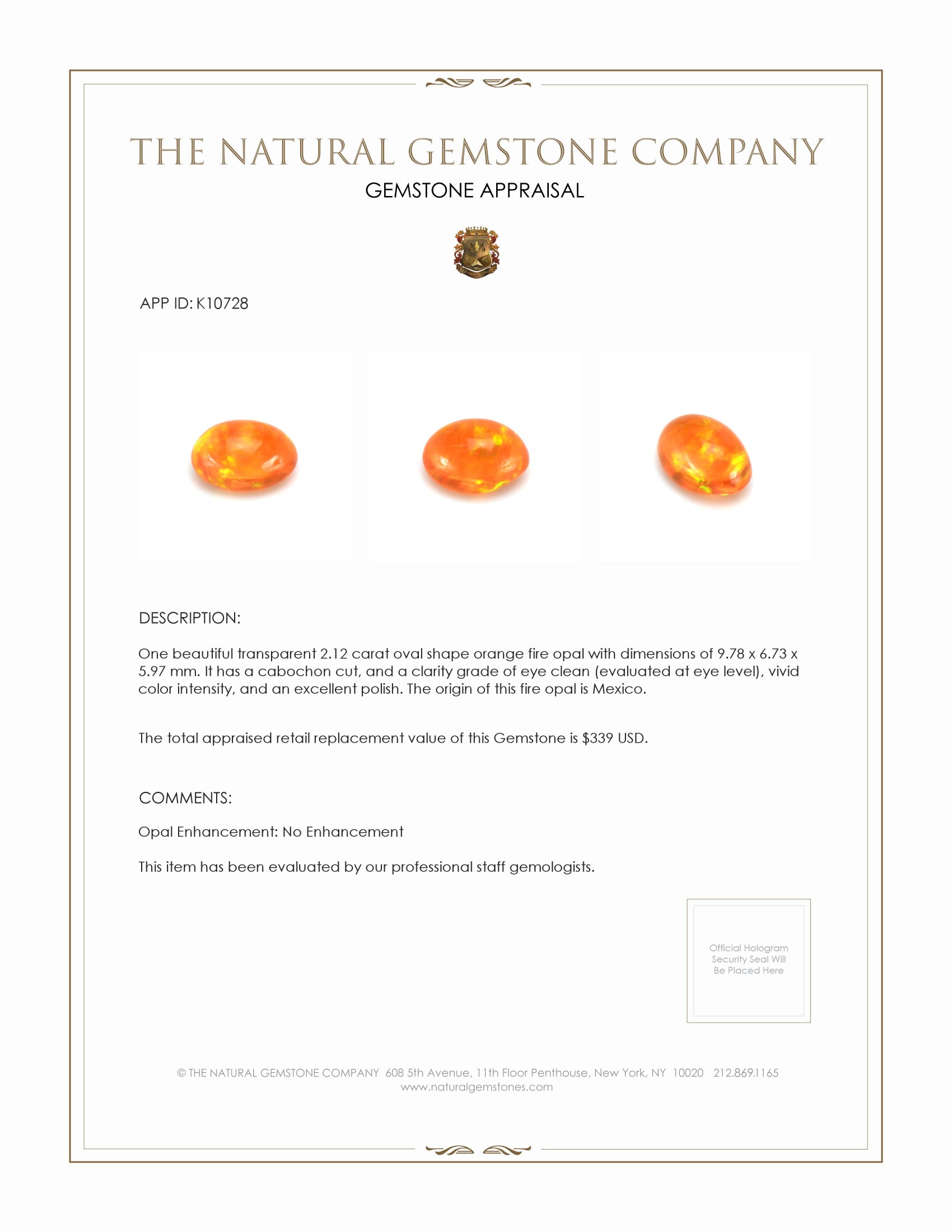 2.12 Ct. Cabochon Fire Opal from Mexico