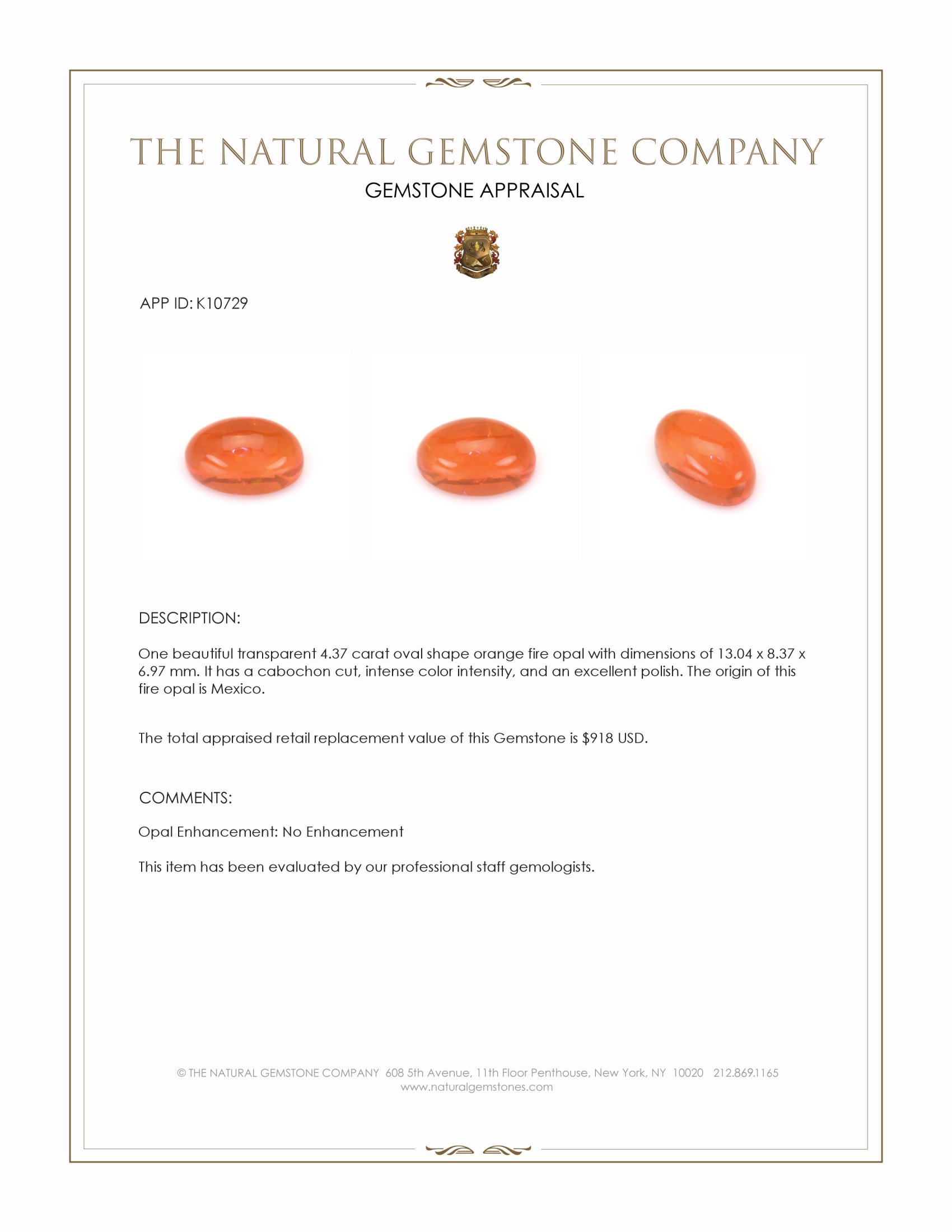 4.37 Ct. Orange Cabochon Fire Opal from Mexico