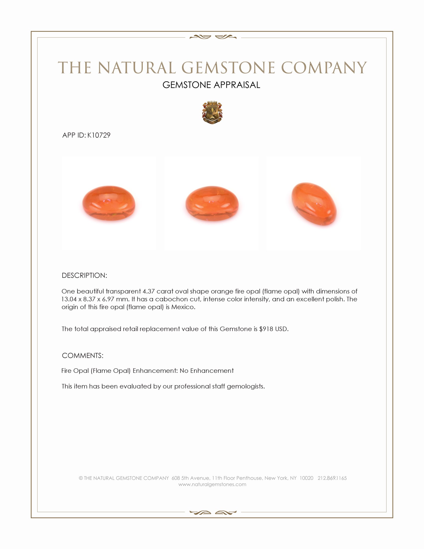 4.37 Ct. Orange Cabochon Fire Opal (Flame Opal) from Mexico