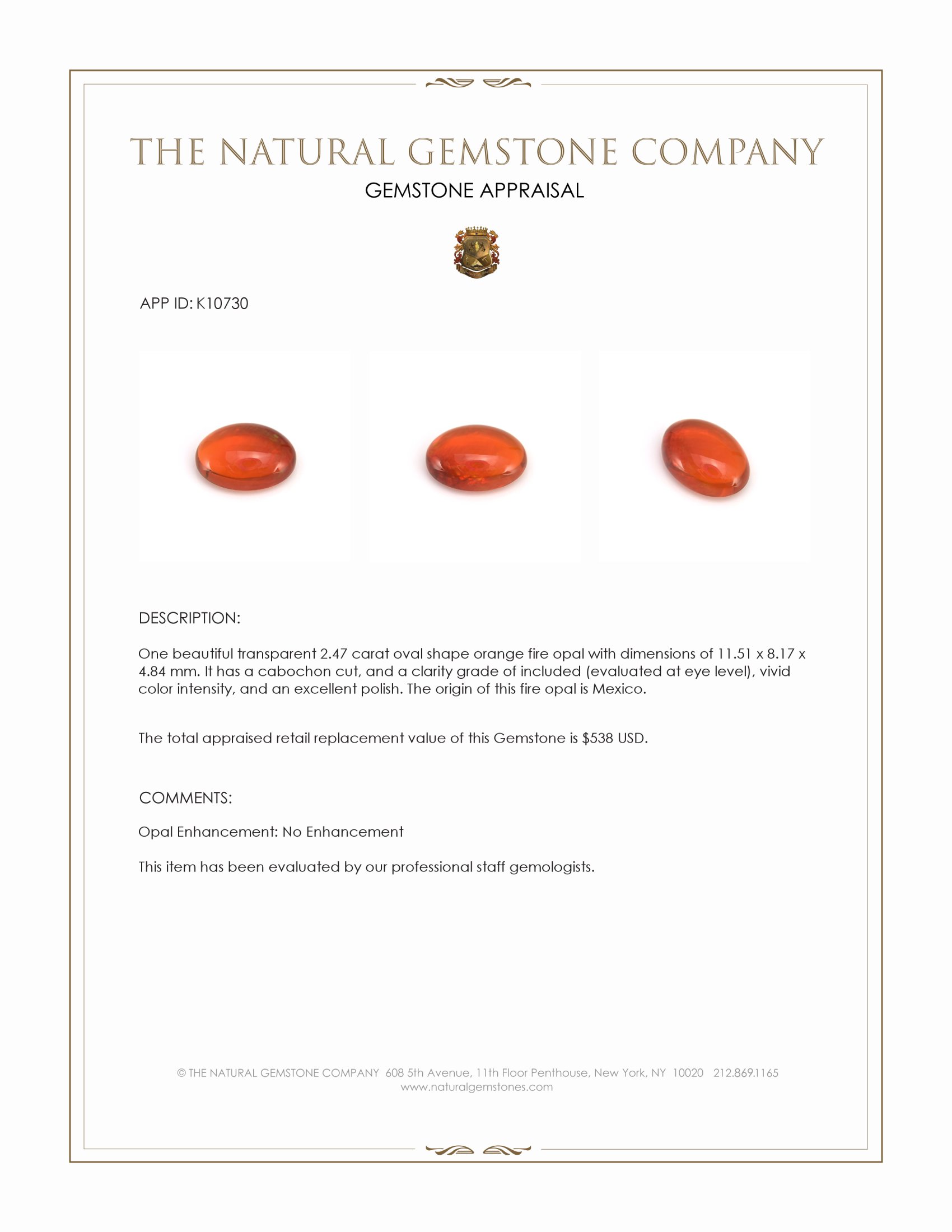 2.47 Ct. Orange Cabochon Fire Opal from Mexico