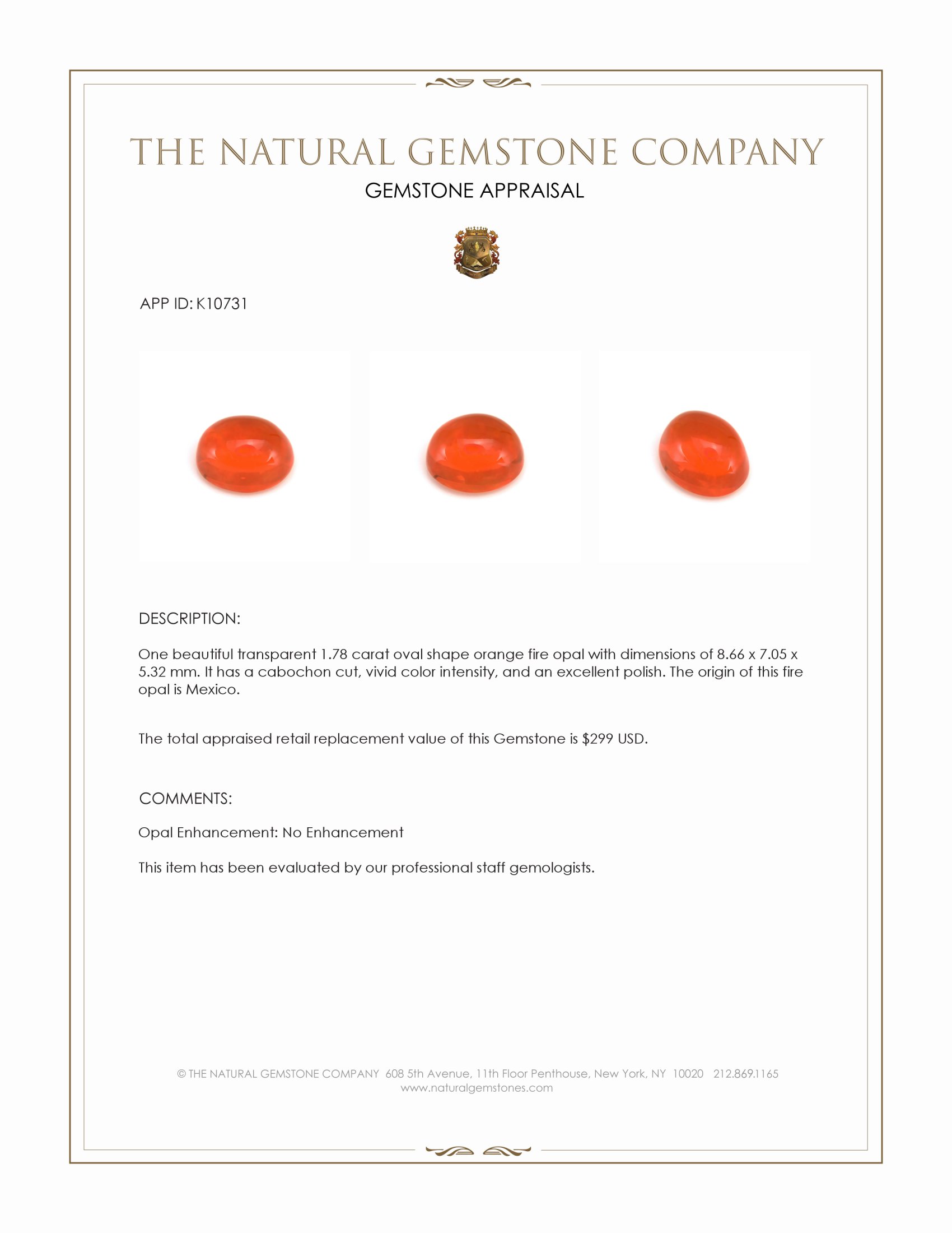 1.78 Ct. Orange Cabochon Fire Opal from Mexico