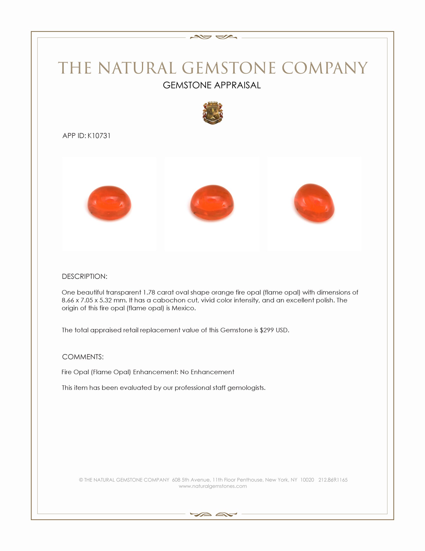 1.78 Ct. Orange Cabochon Fire Opal (Flame Opal) from Mexico