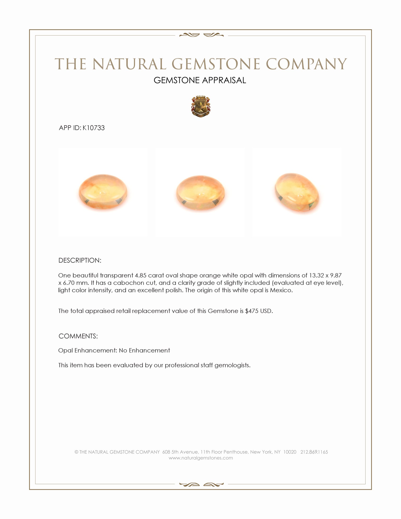 4.85 Ct. Cabochon White Opal from Mexico