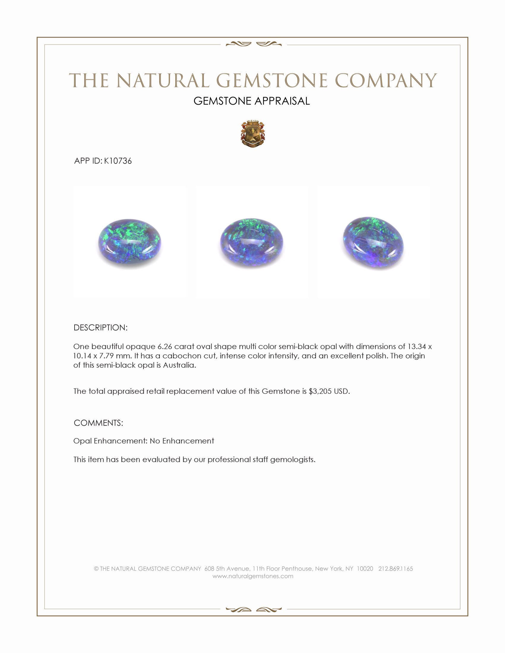 6.26 Ct. Multi Color Cabochon Semi-Black Opal from Australia