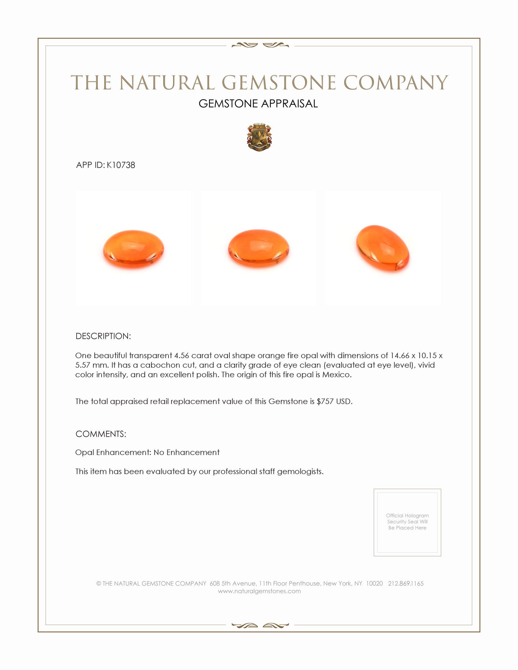 4.56 Ct. Cabochon Fire Opal from Mexico