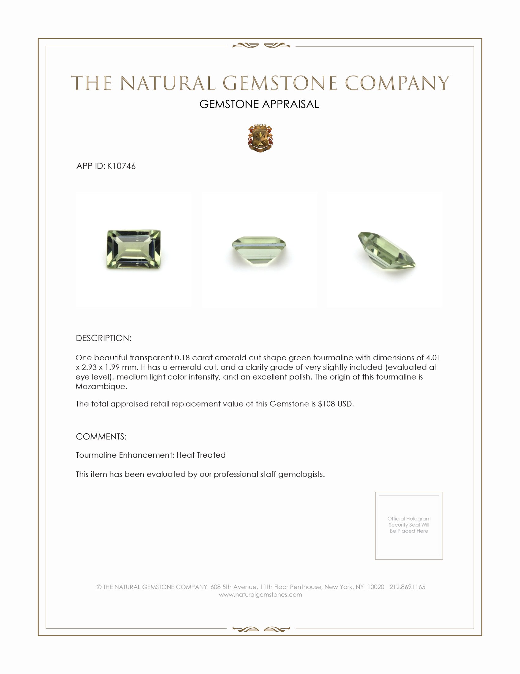 0.18 Ct. Green Tourmaline from Mozambique