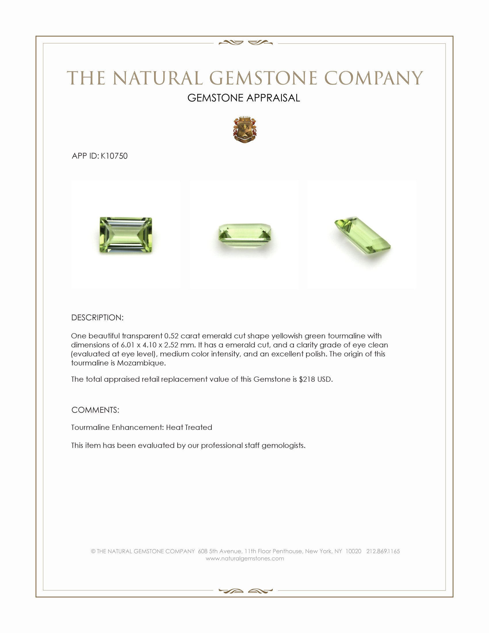 0.52 Ct. Yellowish Green Tourmaline from Mozambique